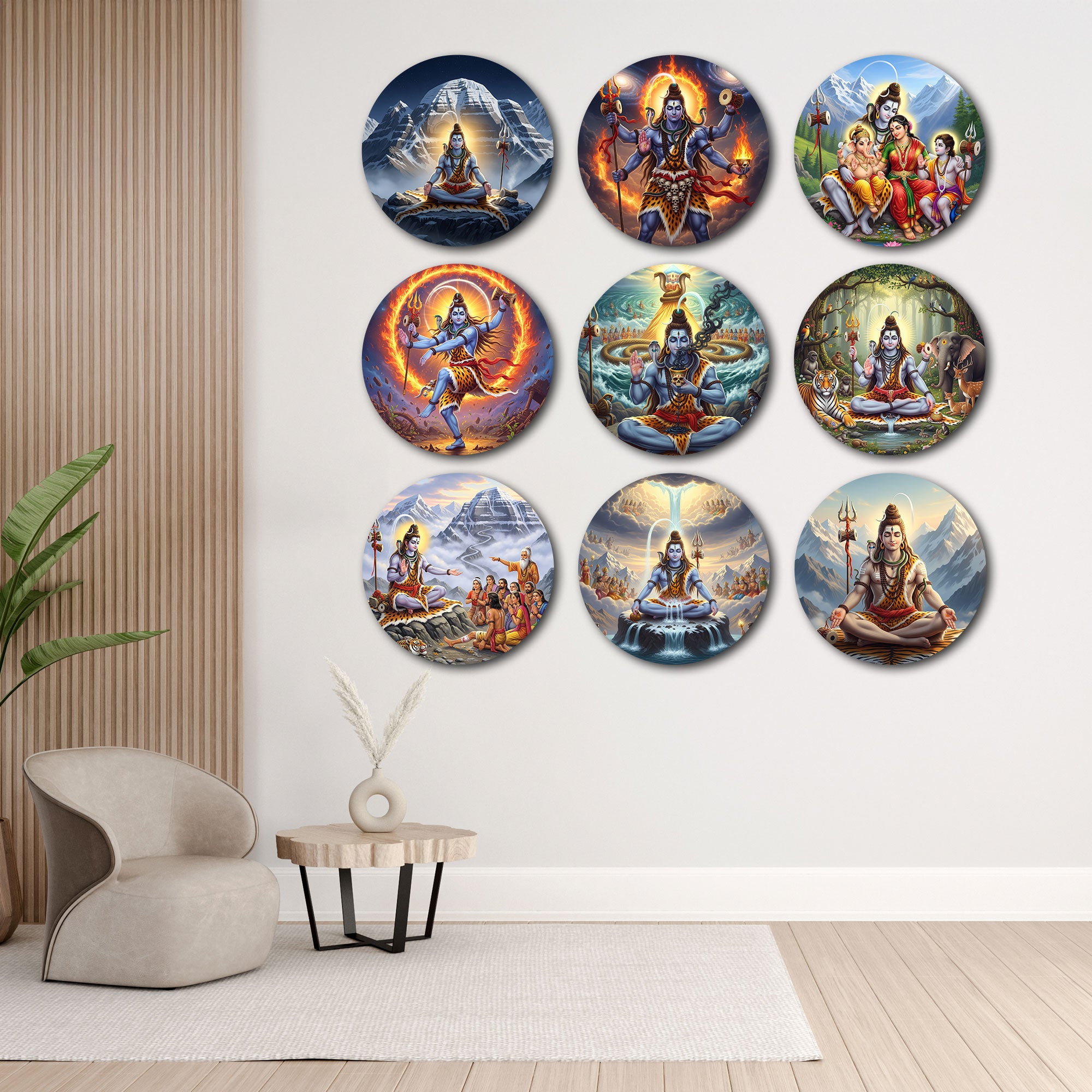 Lord Shiva Round Wall Art - Set of 9 Spiritual Decorative Panels for Home & Office