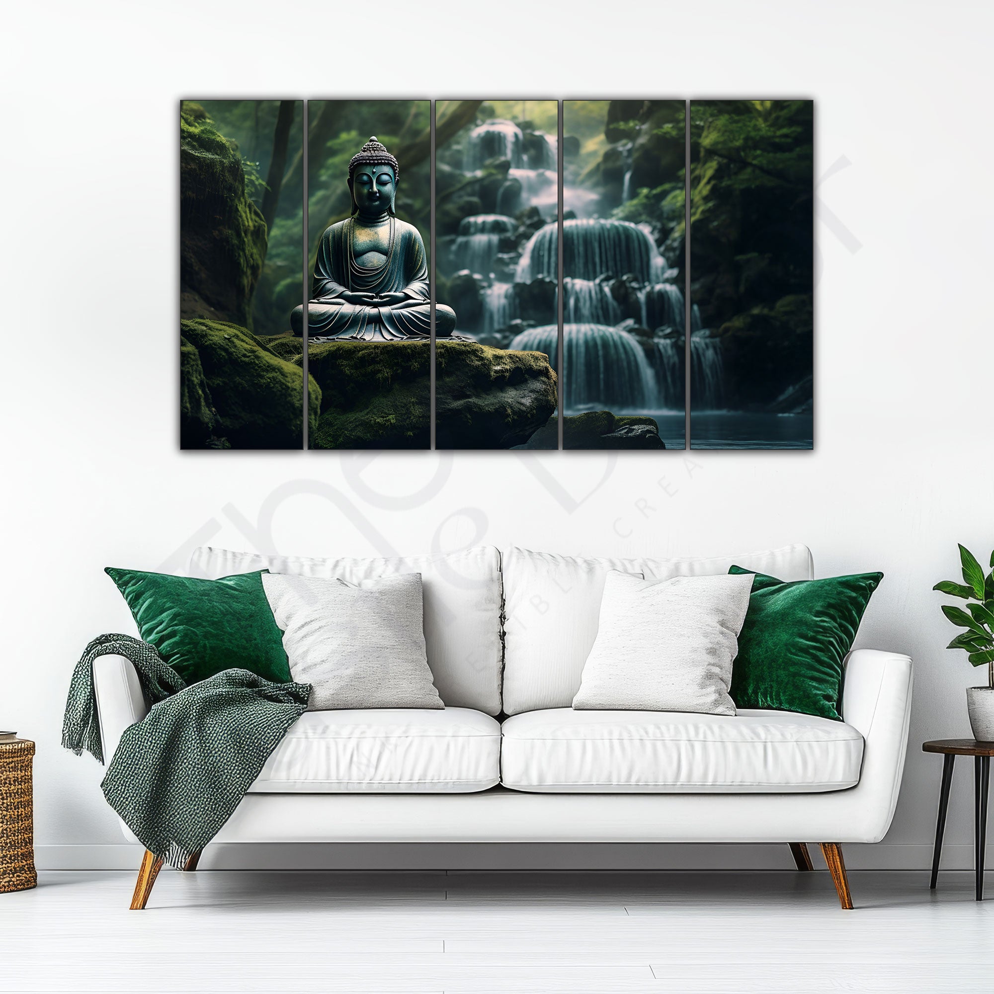 Lord Budha Meditating Waterfall Jungle Set of 5 Big Size Multiple Frames Wall Art Painting for living room,Bedroom,Drawing room,Hotels-Wooden Framed-Digital Painting 36x60"