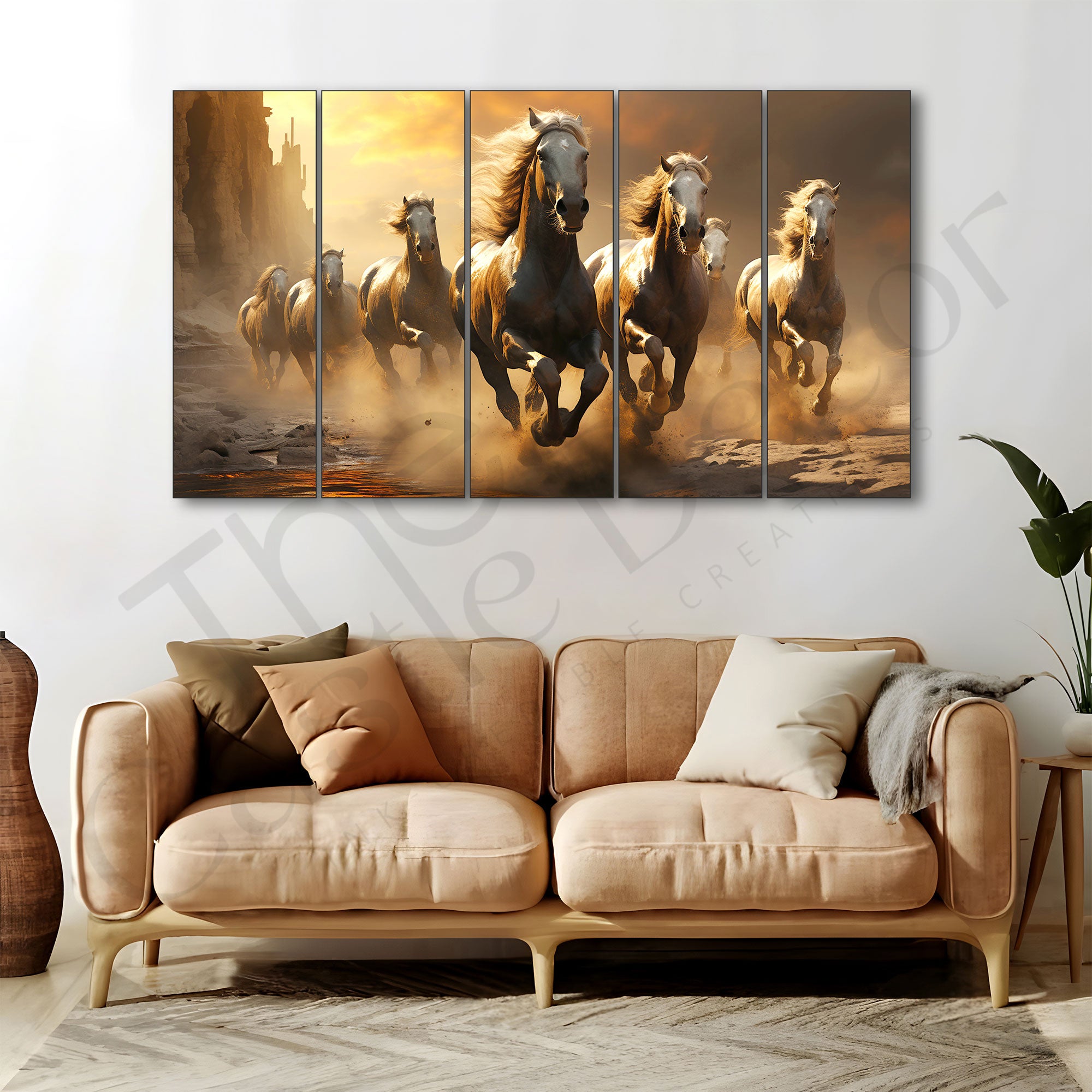 Vaastu 7 running horses Set of 5 Big Size Multiple Frames Wall Art Painting for living room,Bedroom,Drawing room,Hotels-Wooden Framed-Digital Painting.