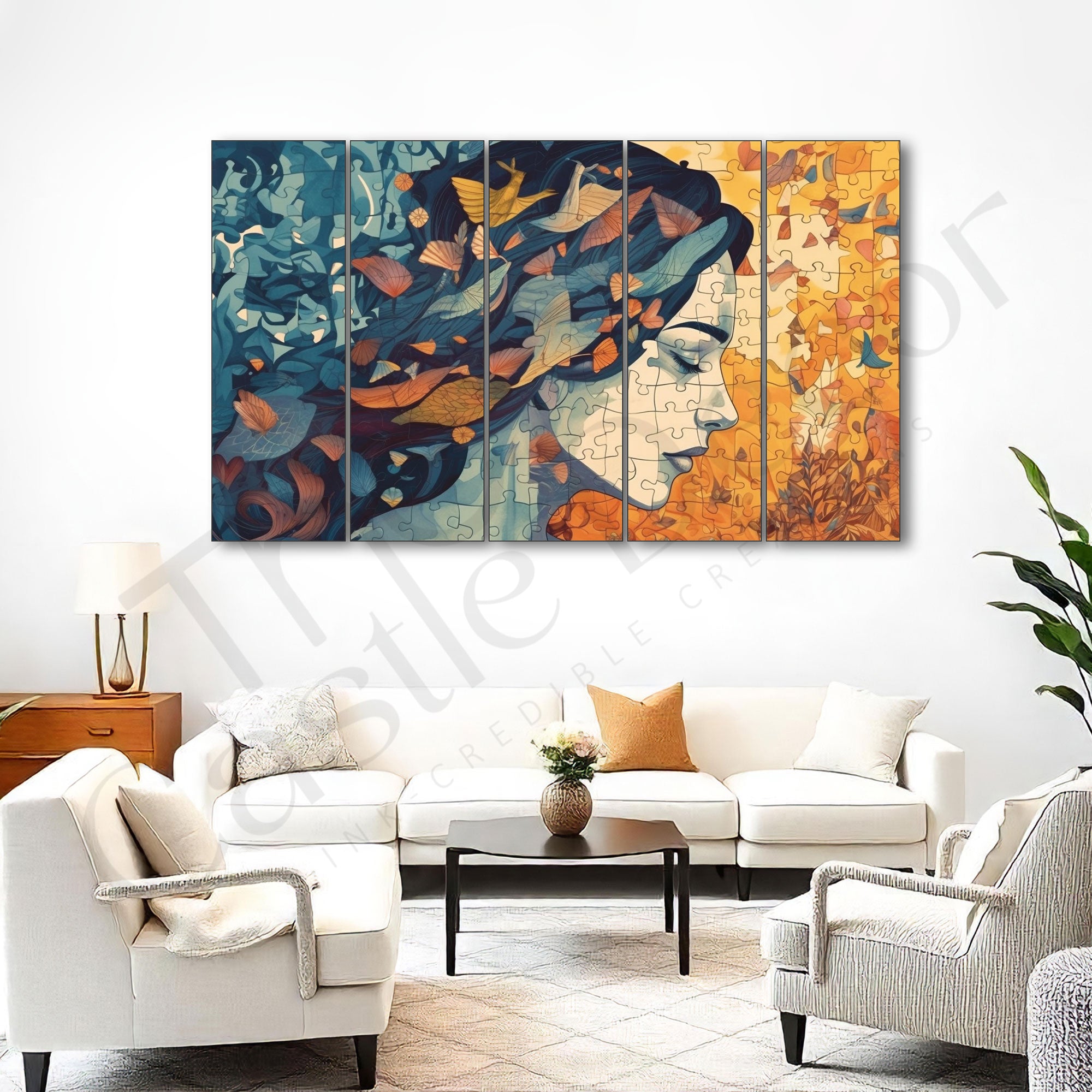 Modern Abstract Art Woman Puzzle Set of 5 Big Size Multiple Frames Wall Art Painting for living room,Bedroom,Drawing room,Hotels-Wooden Framed-Digital Painting
