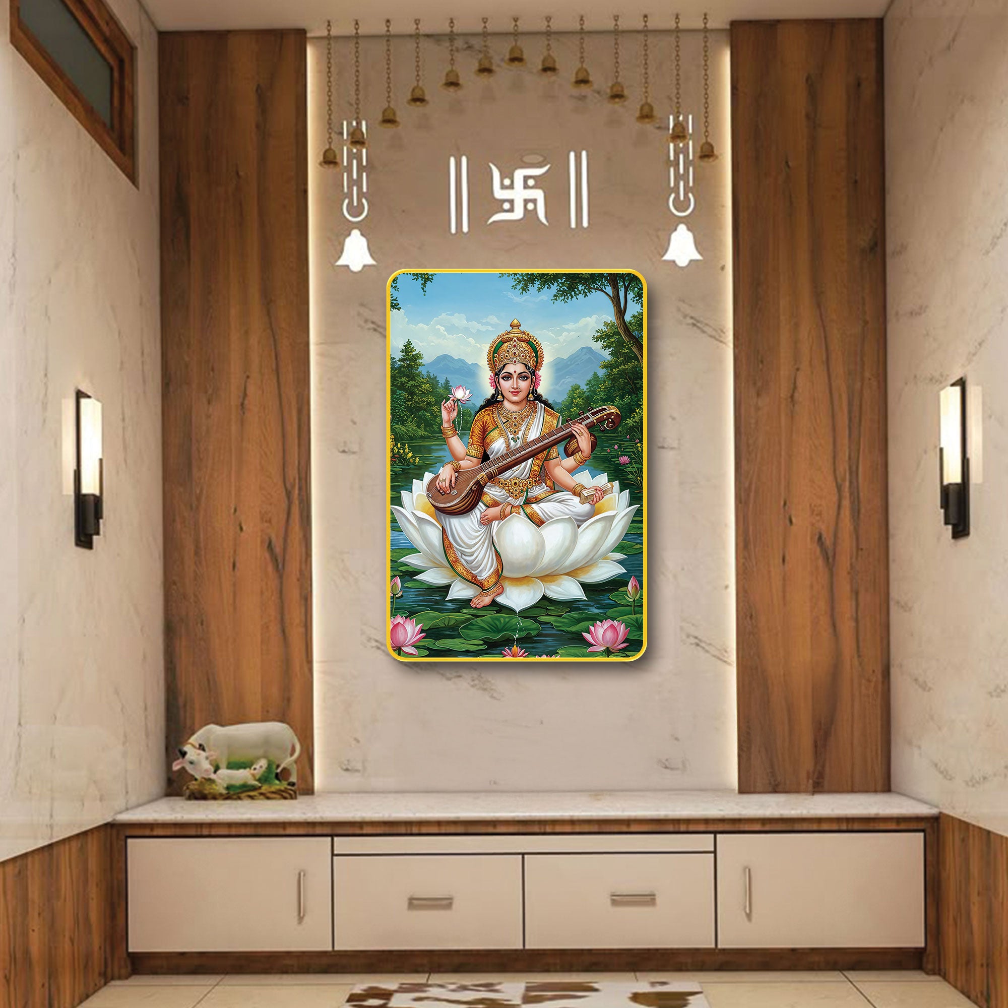 The Castle Decor Divine Saraswati Maa Wall Frame | Sparkle Laminated Digital Art with Golden Slim MDF Frame | Ideal for Gifting & Home Décor 20x30 Inches