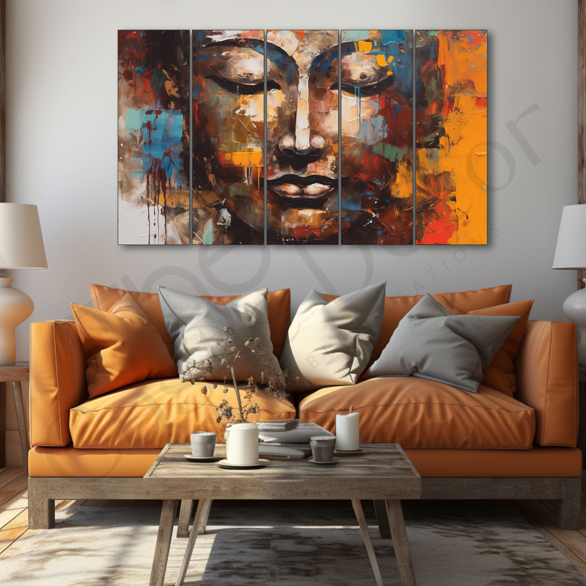 Lord Budha canvas texture Set of 5 Big Size Multiple Frames Wall Art Painting for living room,Bedroom,Drawing room,Hotels-Wooden Framed-Digital Painting
