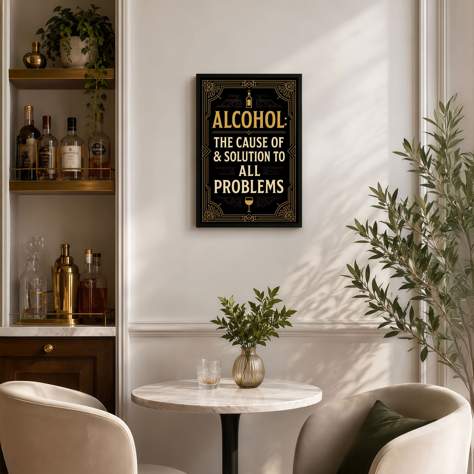 The Castle Decor Alcohol Quote Wall Poster – The Cause of & Solution to All Problems | Vintage Black Gold Bar Decor for Lounge & Pub