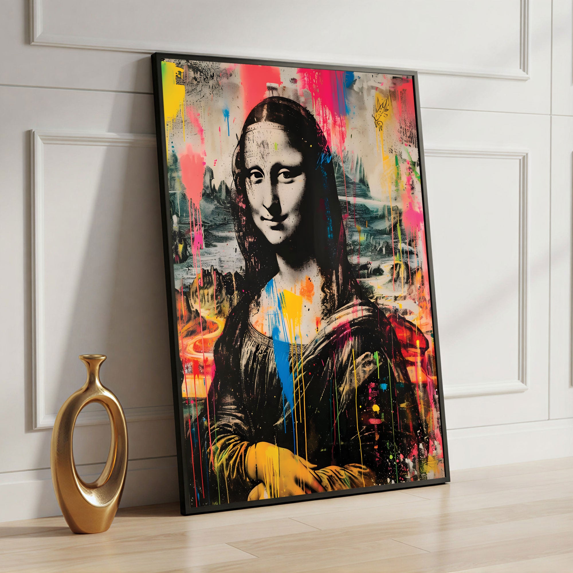 The Castle Decor Mona Lisa Modern Graffiti Wall Art – Classic Art Reimagined with Bold Paint Splash Design, Premium Sparkle Finish, 20×30 Inch Contemporary Wall Décor