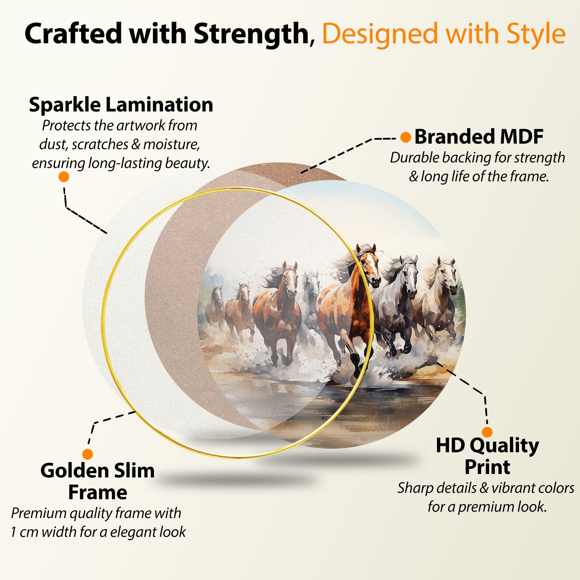 The Castle Decor 7 Running Horses Vastu Wall Art | Round Golden Frame Painting for Home, Hotel, Living Room, Office & Gift Décor