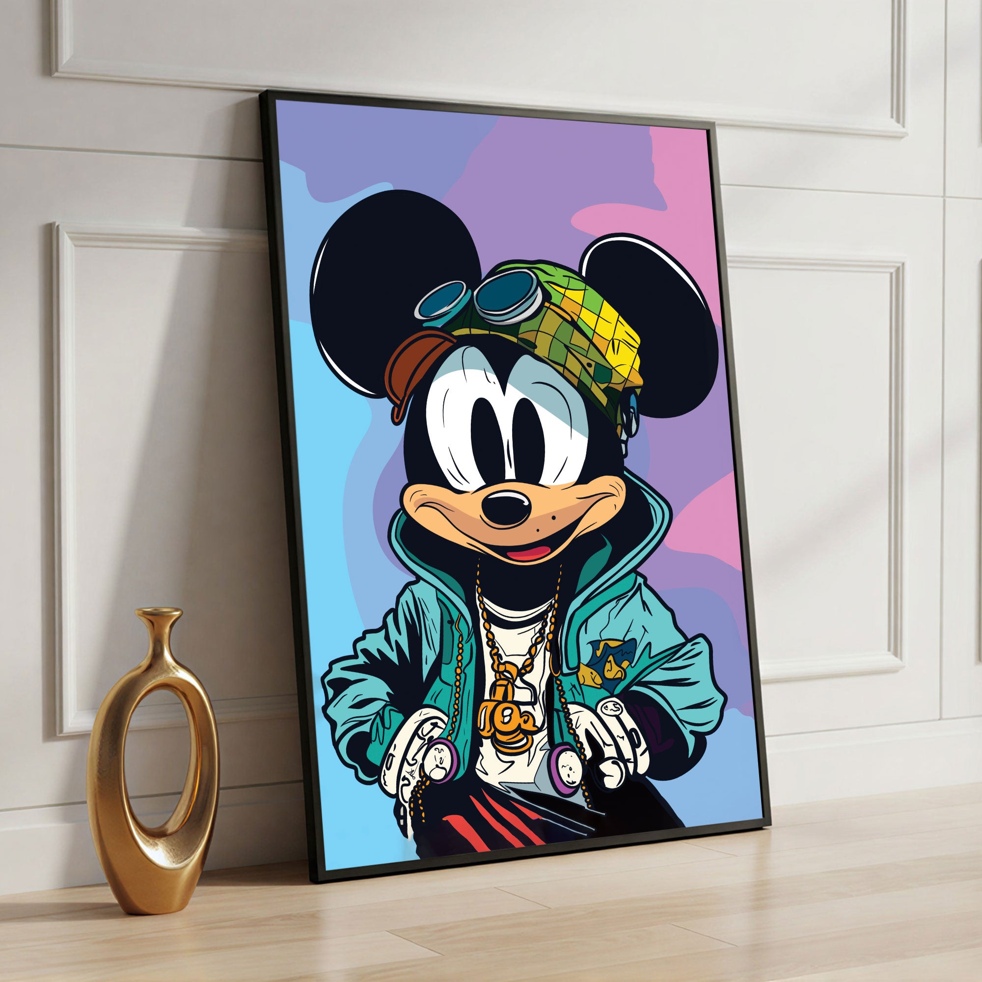The Castle Decor Luxury Cartoon Street Style Wall Art – Urban Pop Art Character with Gold Chain & Hip Hop Vibe, Premium Sparkle Finish, 20×30 Inch Man Cave Décor