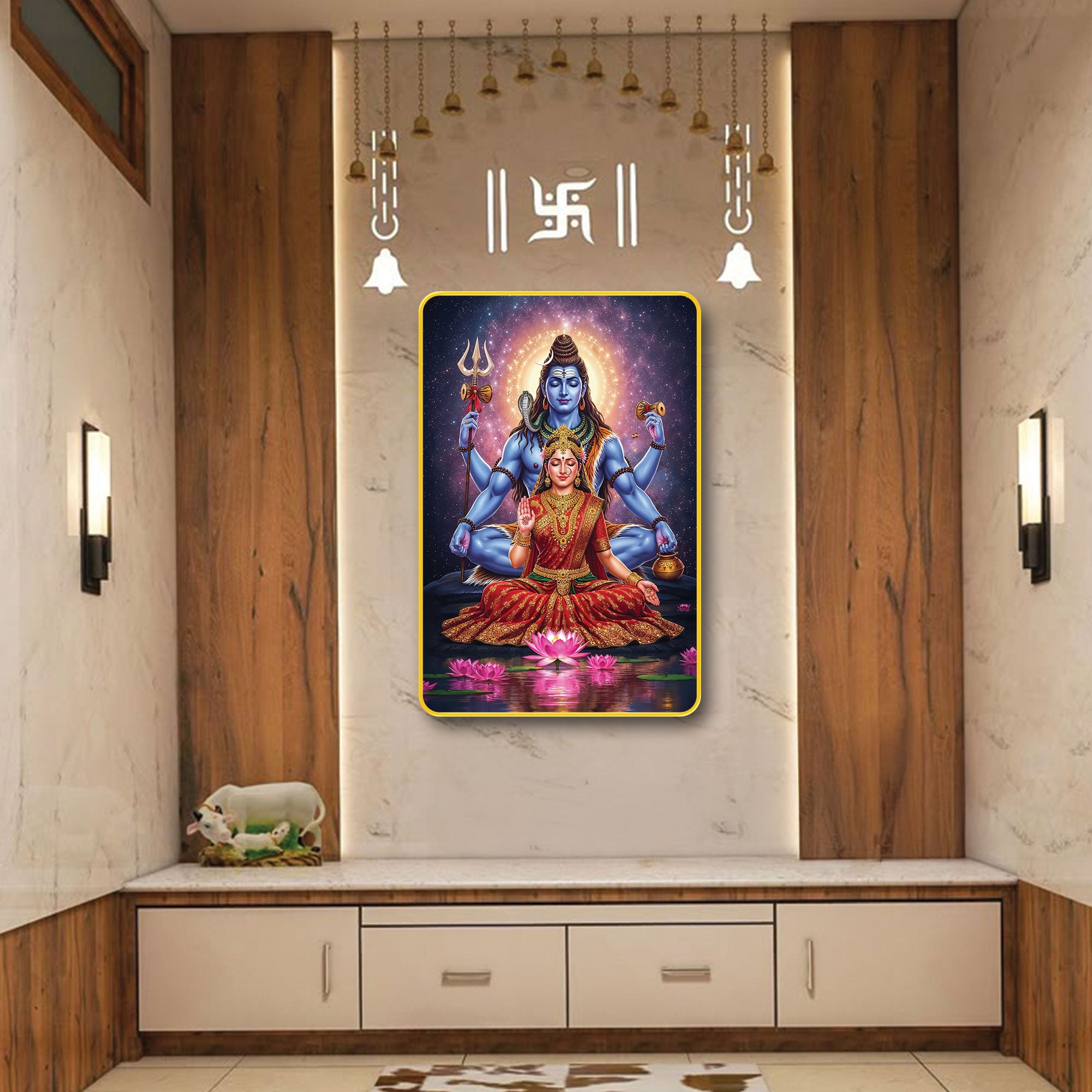 The Castle Decor Shiv Parvati Spiritual Wall Hanging | Sparkle Laminated Digital Artwork with Golden Slim Frame | Ideal for Gifting & Décor 20X30 Inches