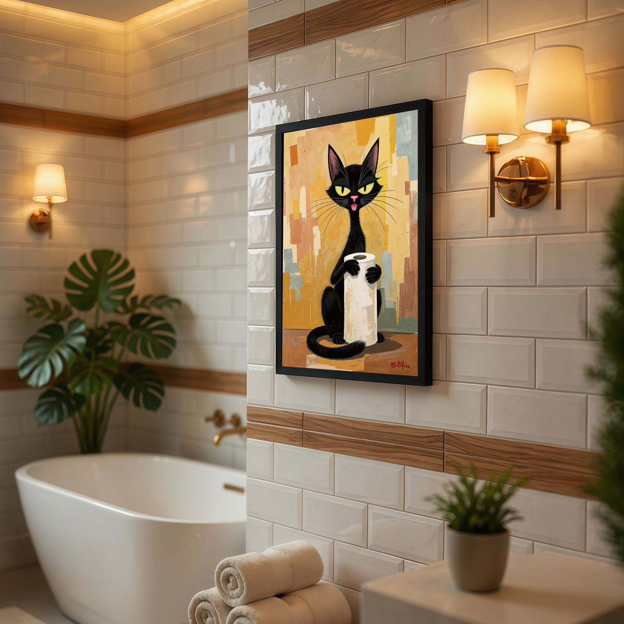 The Castle Decor Funny Black Cat Holding Toilet Paper Framed Wall Art – Mid Century Modern Retro Animal Poster, Humorous Abstract Bathroom Wall Decor for Restroom