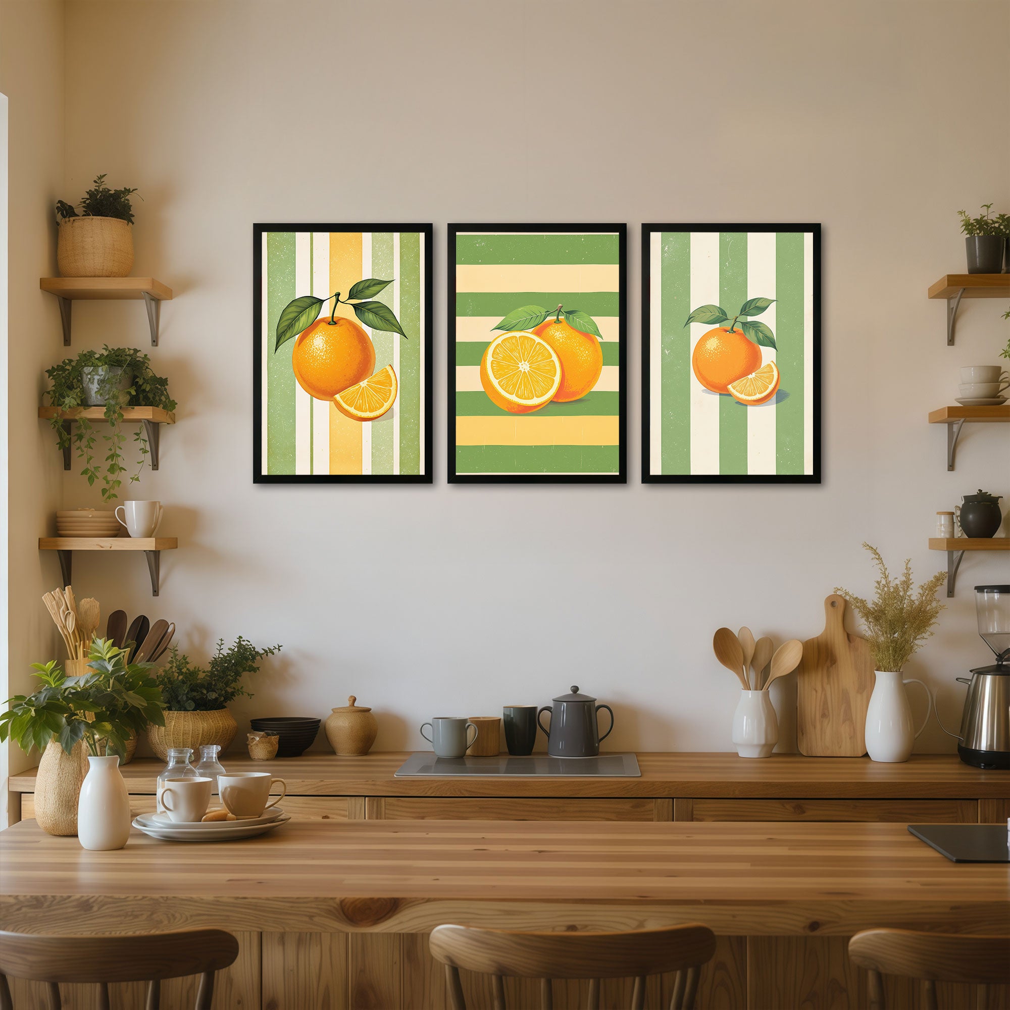The Castle Decor Orange Fruit Kitchen Wall Art Set of 3 Frame | Citrus Wall Decor | Sparkle Lamination Finish with Premium Fiber Frame for Dining & Kitchen