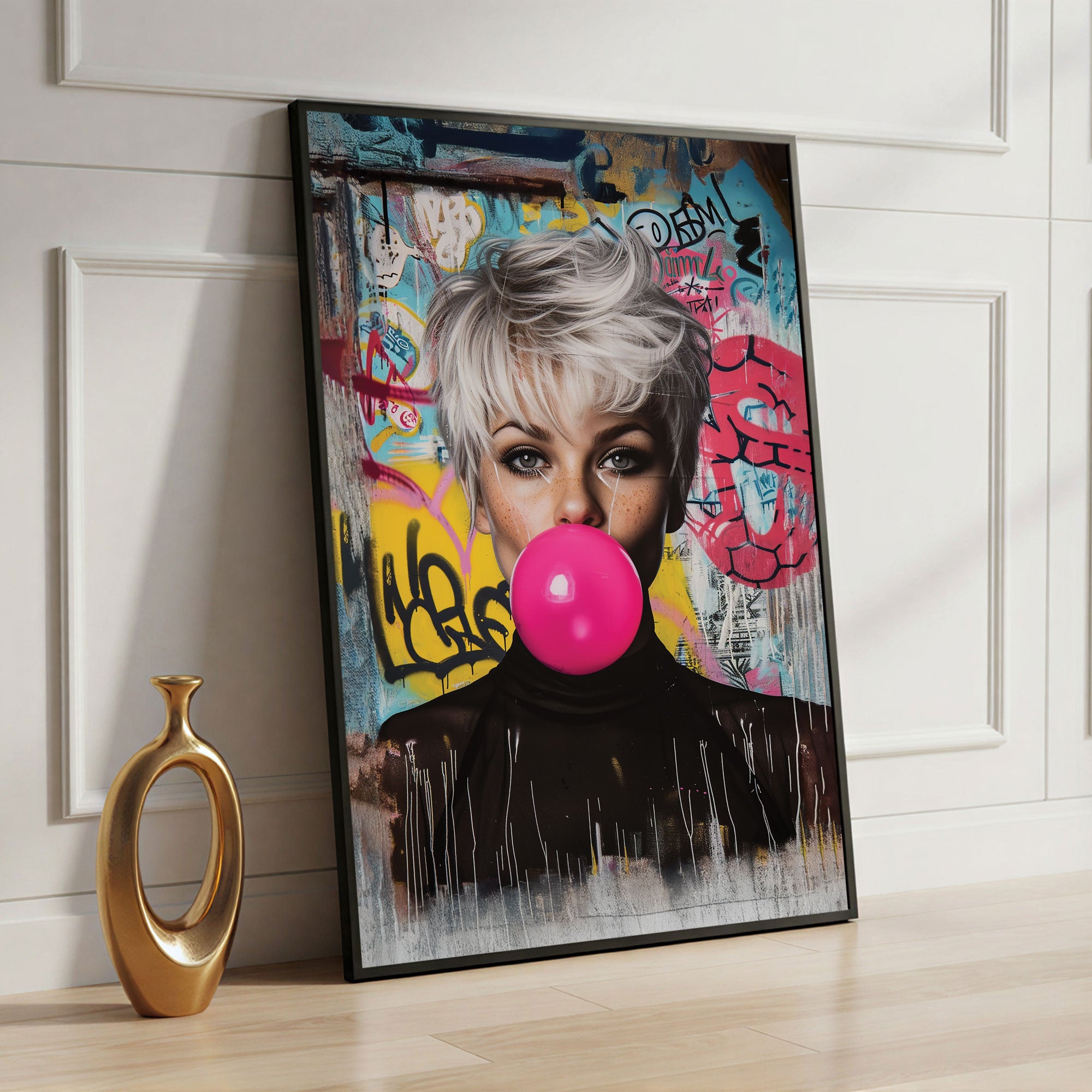 The Castle Decor Modern Pop Art Girl Wall Poster, Bubblegum Street Style Portrait Artwork with Premium Sparkle Finish, 20×30 Inch Wall Décor for Studio & Living Room