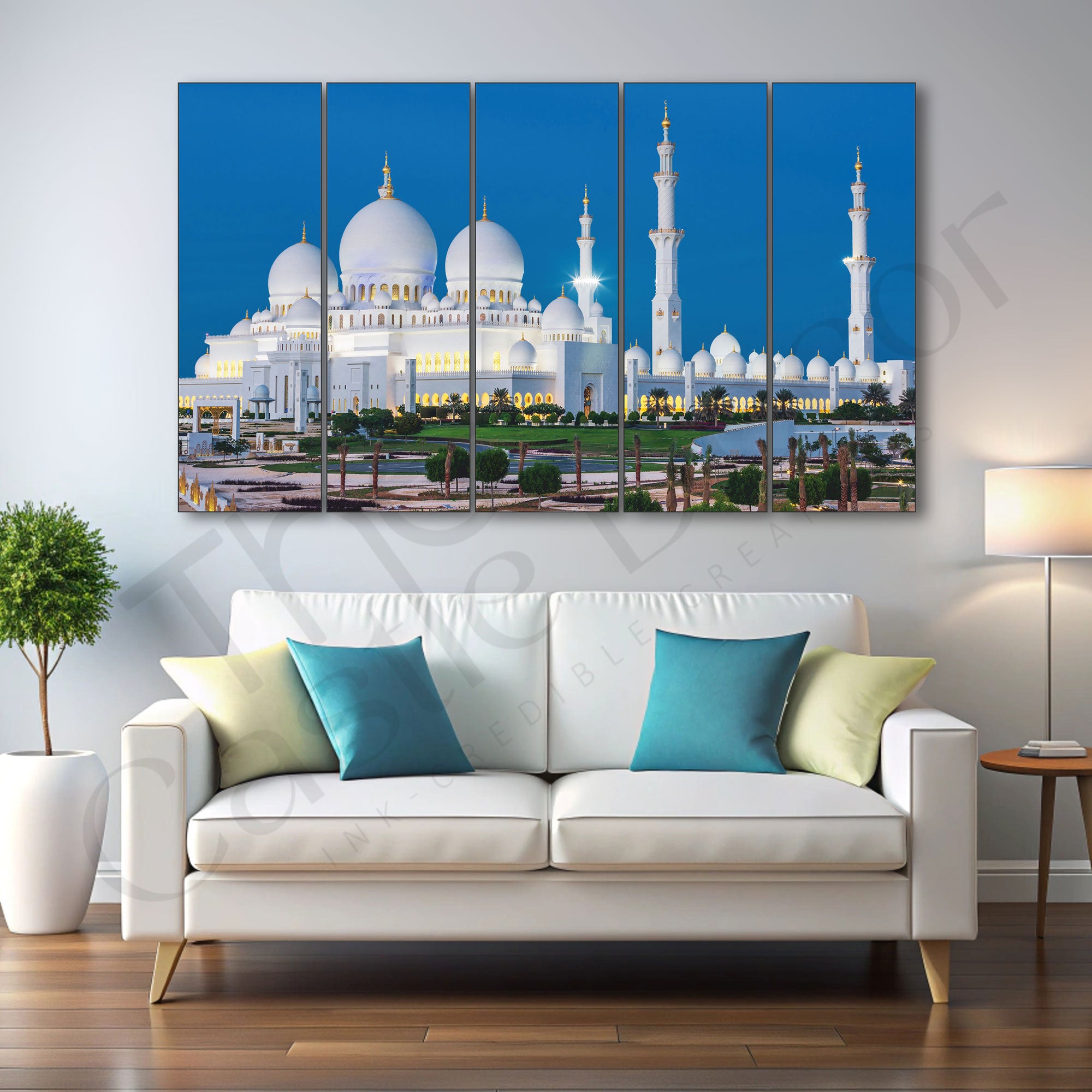 Sheikh Zayed Grand Mosque Set of 5 Big Size Multiple Frames Wall Art Painting for living room,Bedroom,Drawing room,Hotels-Wooden Framed-Digital Painting
