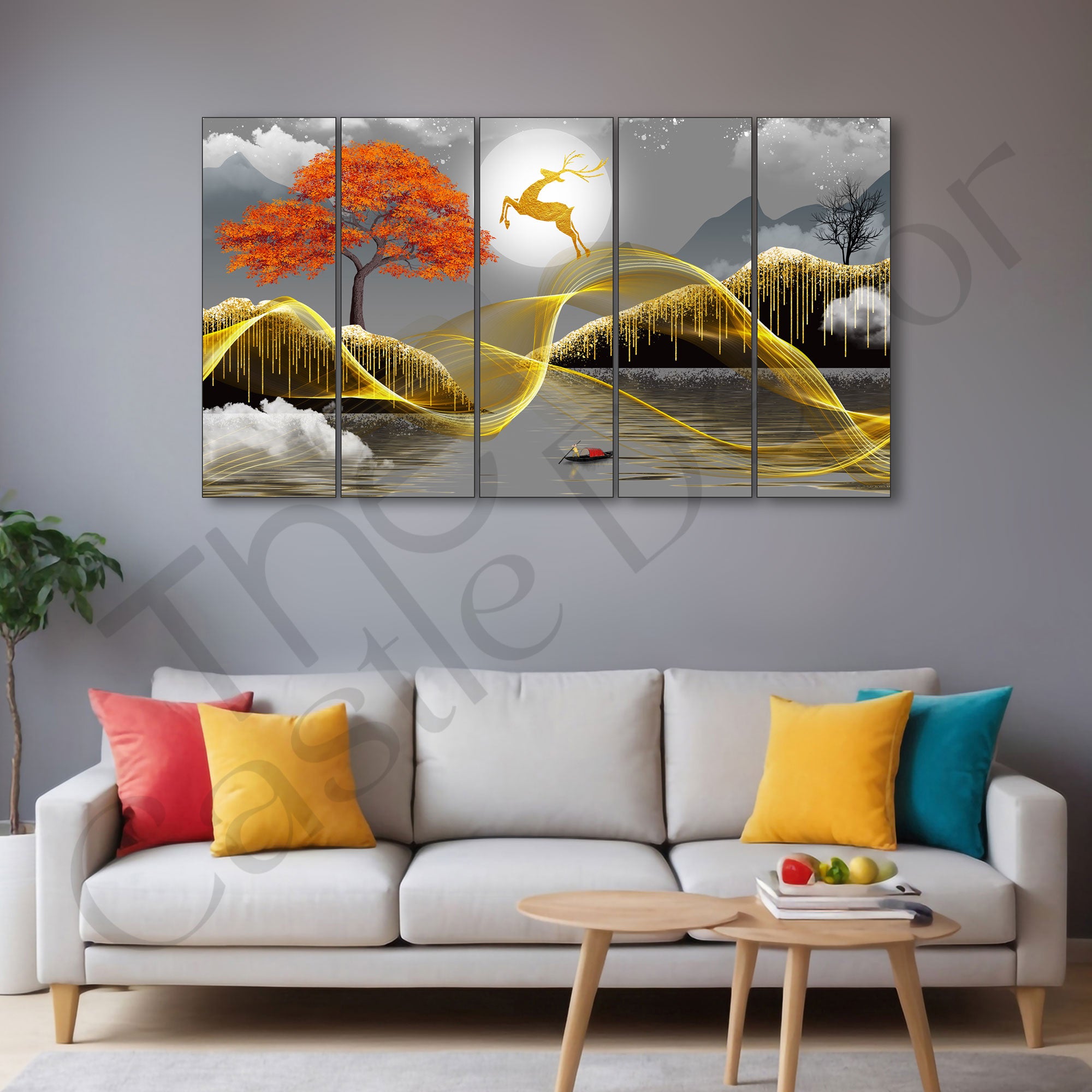 Golden Deer Painting with frame Big Size Wall Art for living room,Bedroom,Drawing room,Hotels