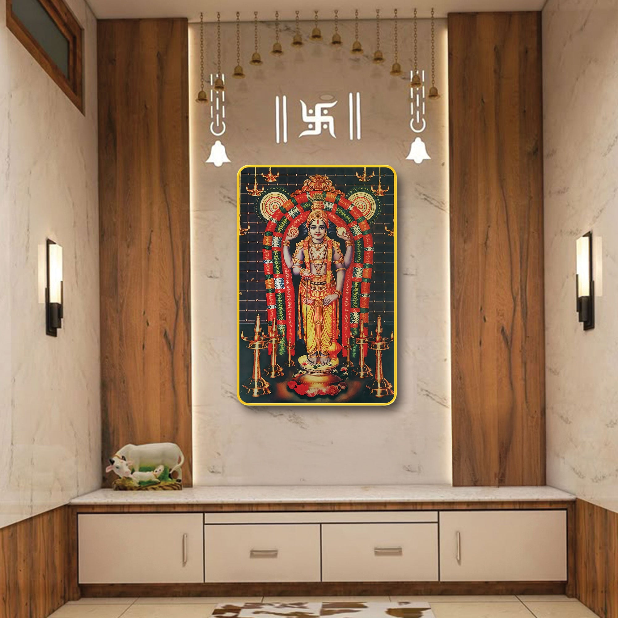 The Castle Decor Divine Shree Guruvayurappan Wall Art | Sparkle Laminated Digital Print in Golden Slim Frame | Spiritual Wall Décor for Pooja Room, Living Room, Bedroom & Office 20X30