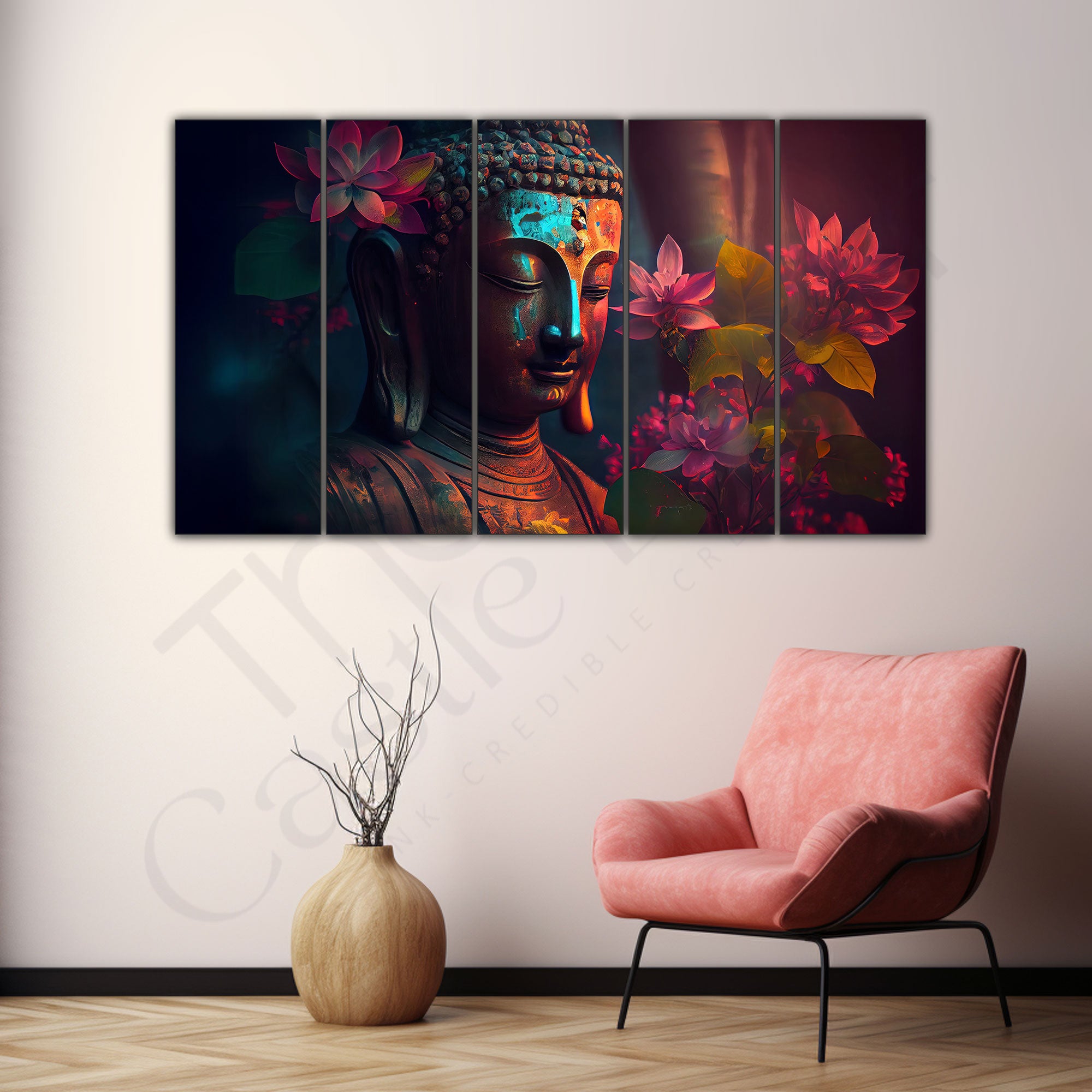 lord Budha Beautiful flowers Set of 5 Big Size Multiple Frames Wall Art Painting for living room,Bedroom,Drawing room,Hotels-Wooden Framed-Digital Painting