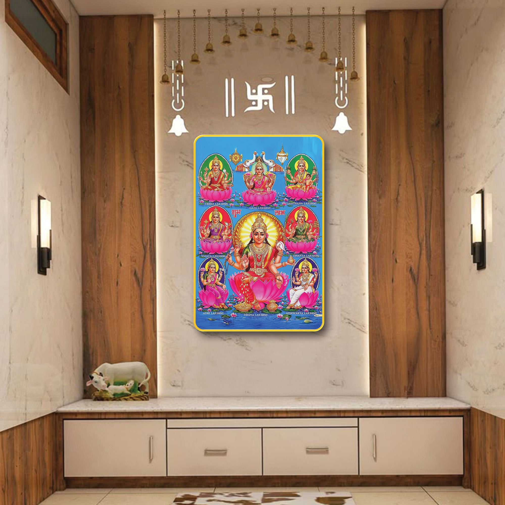 The Castle Decor AstaLakshmi Wall Art Frame 20X30 Inch | Sparkle Laminated Digital Print on MDF | Gold Slim Frame | Hindu Goddess Lakshmi for Home, Temple & Office Décor