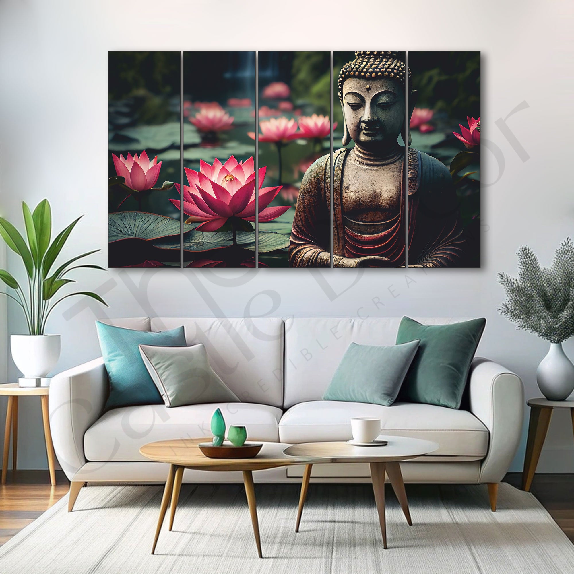 Lord Buddha with Lotus Set of 5 Big Size Multiple Frames Wall Art Painting for living room,Bedroom,Drawing room,Hotels-Wooden Framed-Digital Painting