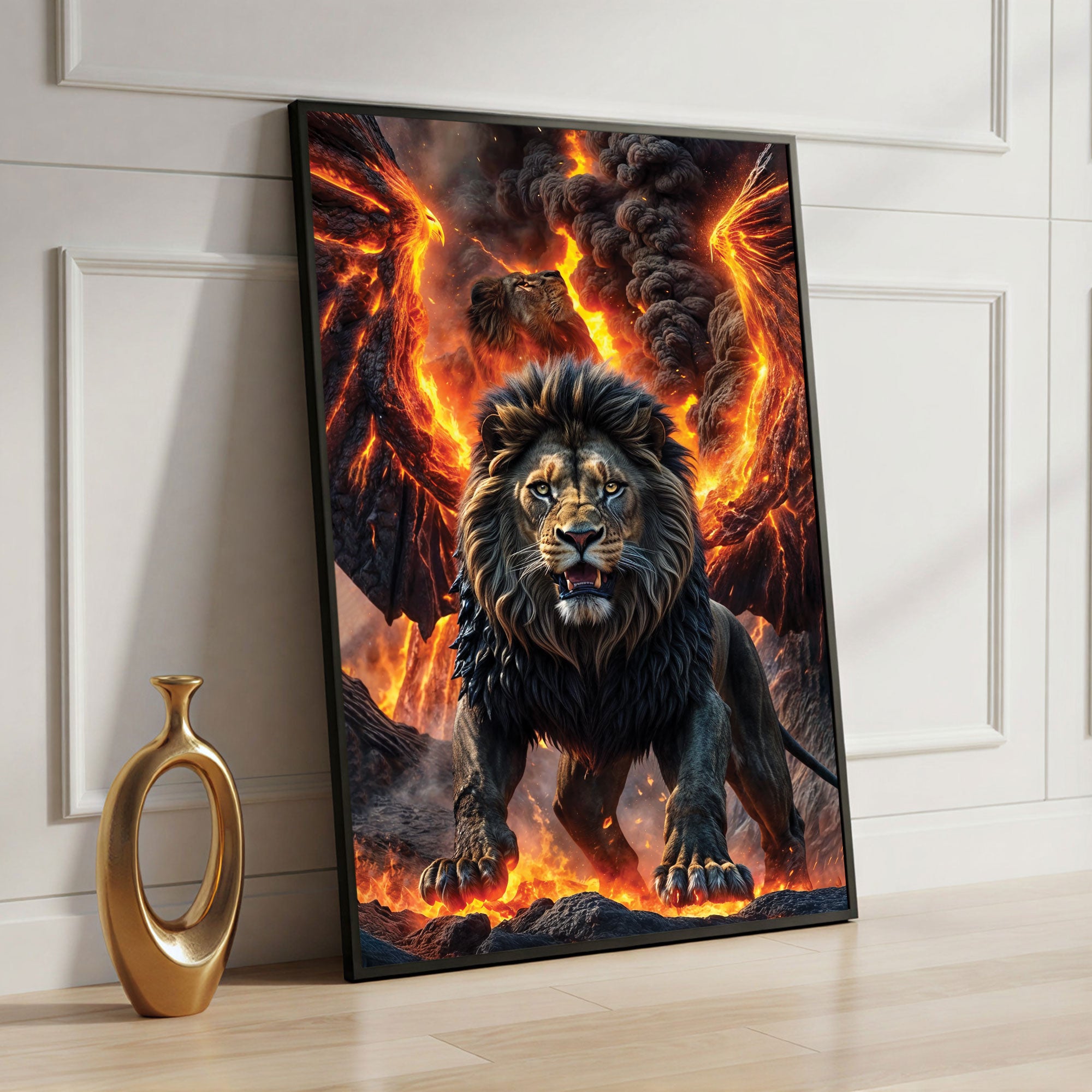 The Castle Decor Fire Lion Power Wall Art Poster, Fierce Wildlife Fantasy Artwork with Premium Sparkle Finish, 20×30 Inch Wall Décor for Living Room & Office