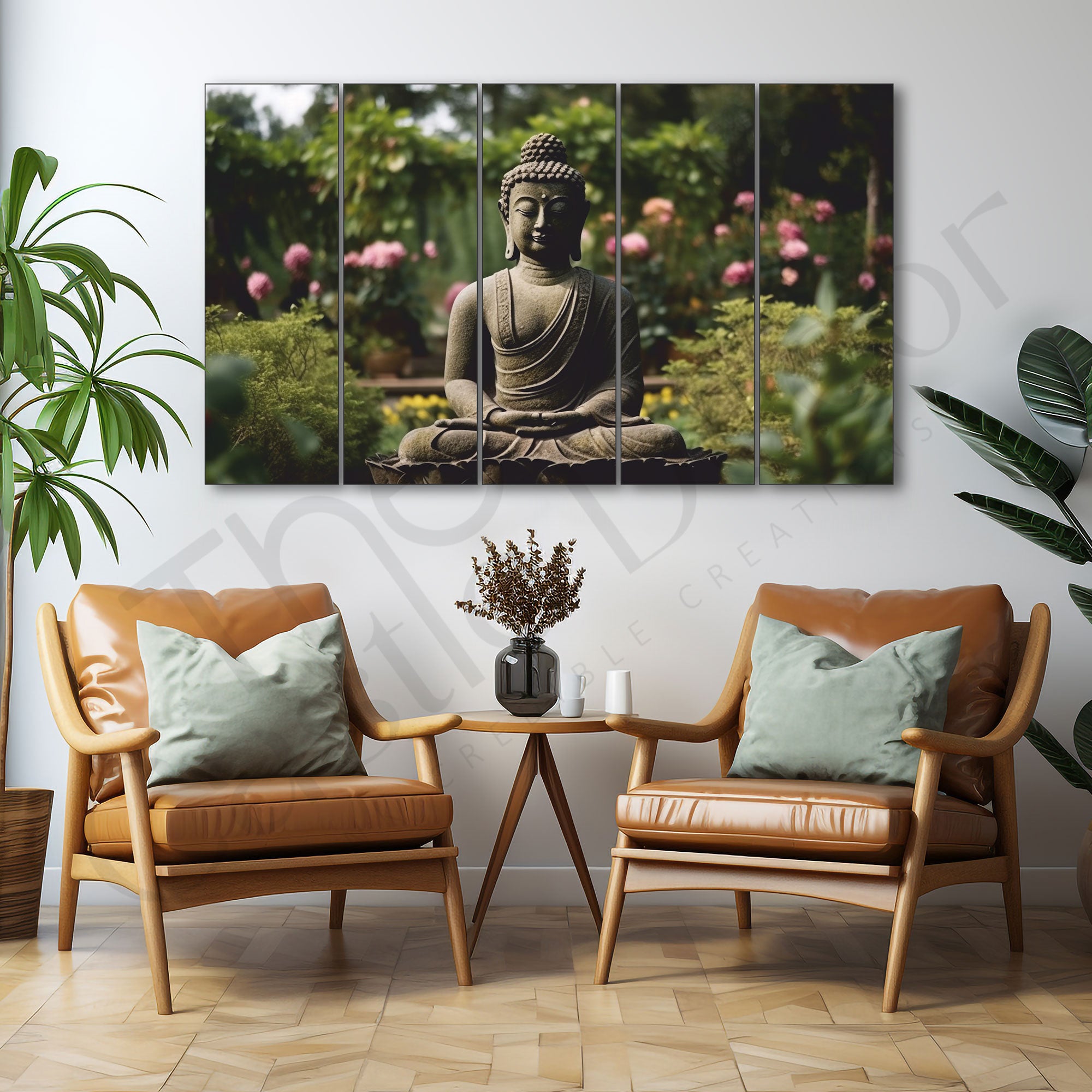 Meditation Budha with flowers Set of 5 Big Size Multiple Frames Wall Art Painting for living room,Bedroom,Drawing room,Hotels-Wooden Framed-Digital Painting