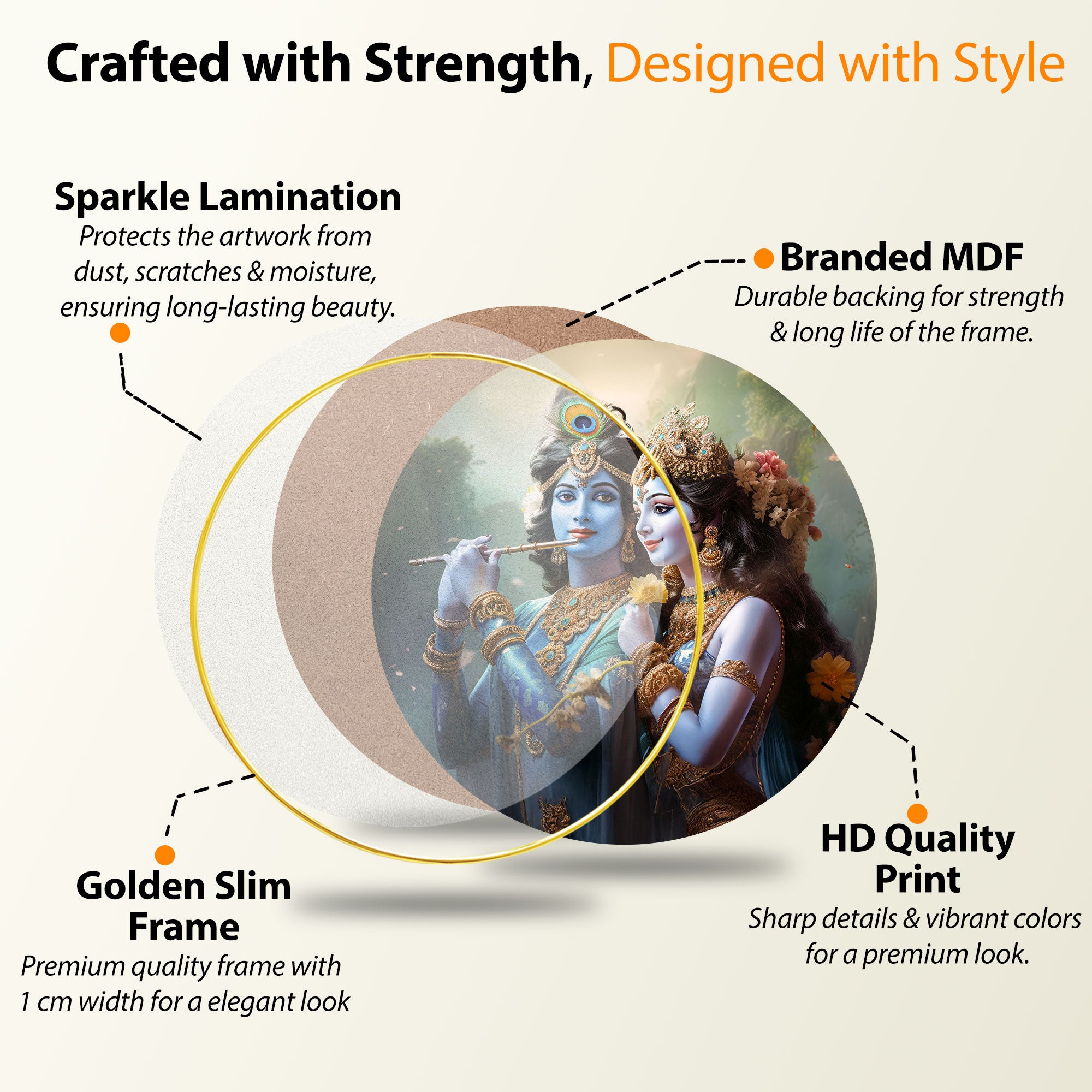 The Castle Decor Radha Krishna Round Wall Painting | Elegant Golden Frame Love Artwork for Living Room, Bedroom, Hotel & Gift Decoration