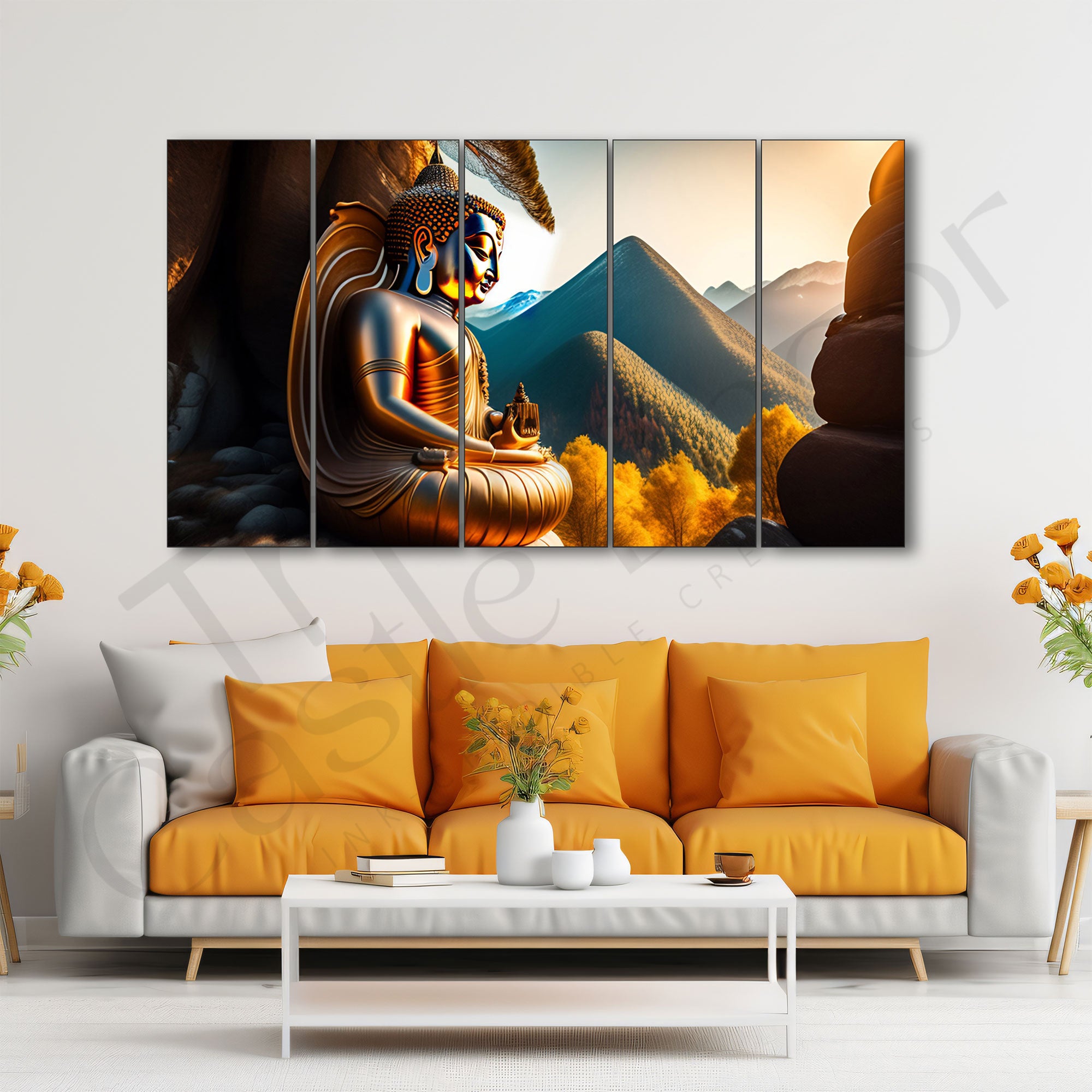 Shakyamuni Buddha| Gautama Buddha| Set of 5 Big Size Multiple Frames Wall Art Painting for living room,Bedroom,Drawing room,Hotels-Wooden Framed-Digital Painting