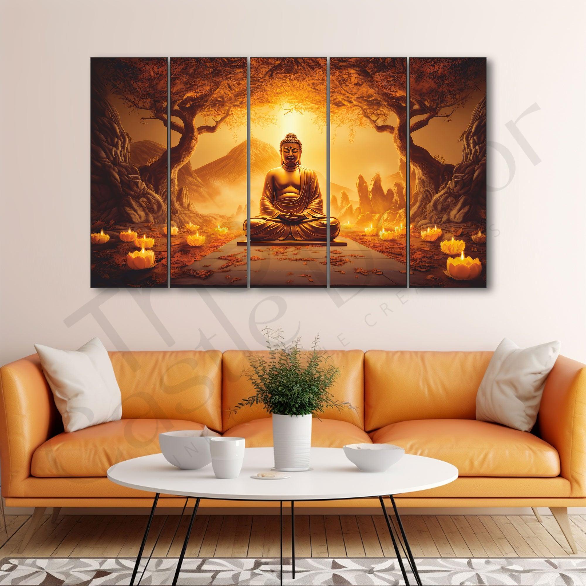 Lord Buddha in Trees Painting Set of 5 for Home Decoration