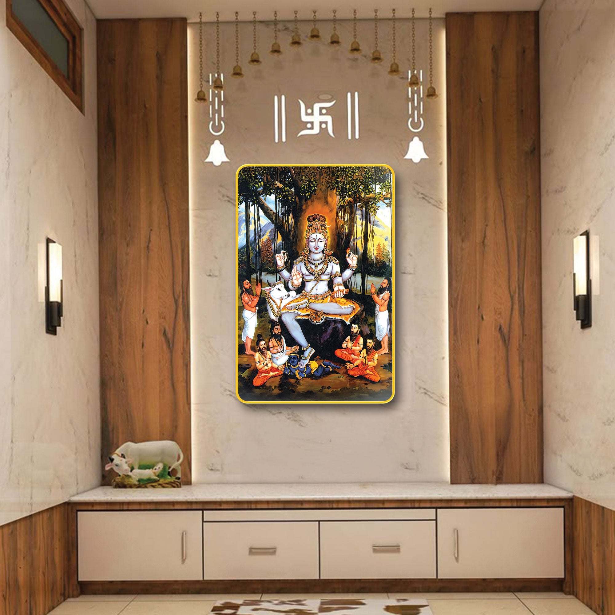 The Castle Decor Guru Dakshinamurthy MDF Digital Print Wall Frame | 20X30 Inch | Sparkle Lamination with Golden Slim Frame | Hindu Spiritual Wall Art for Home, Temple & Office Decor