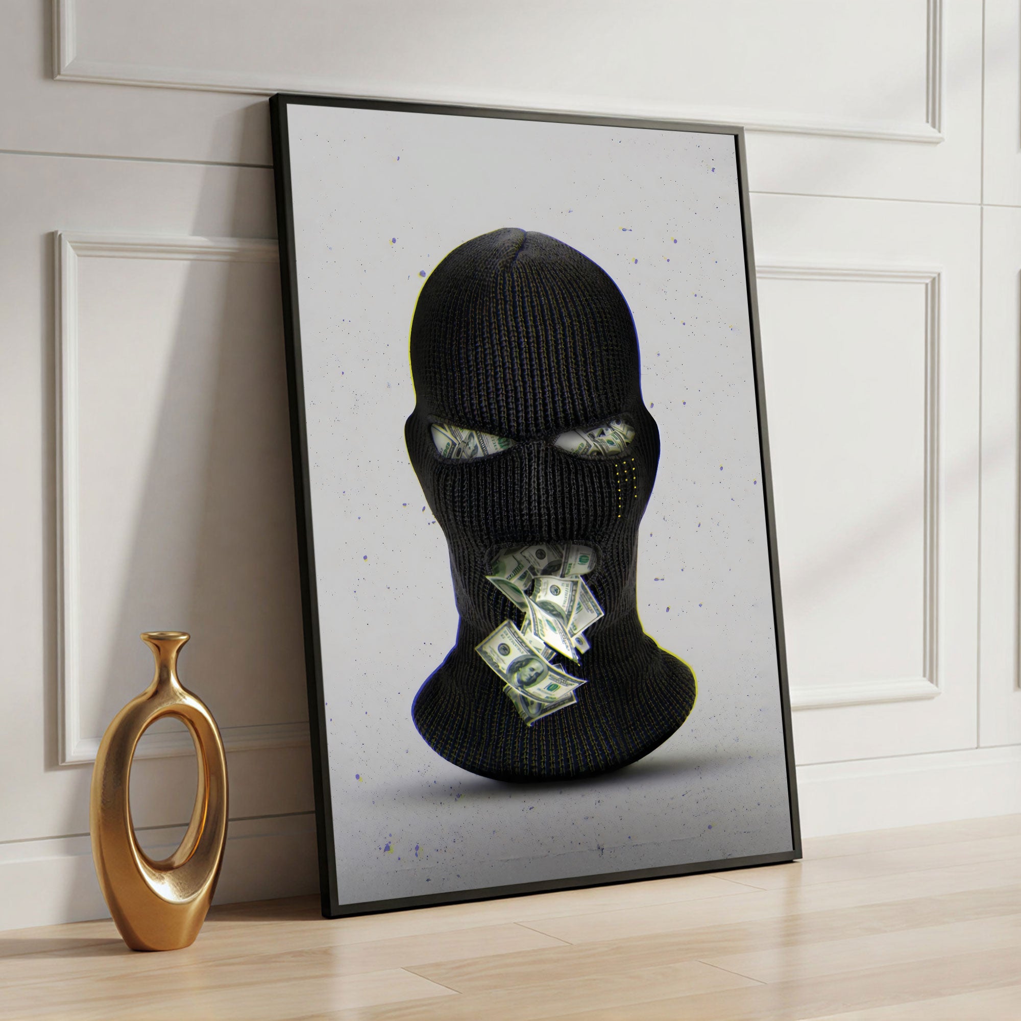 The Castle Decor Money Mask Wall Art – Abstract Cash Face Street Art, Modern Sparkle Finish Wall Décor, 20×30 Inch for Living Room, Bedroom & Office