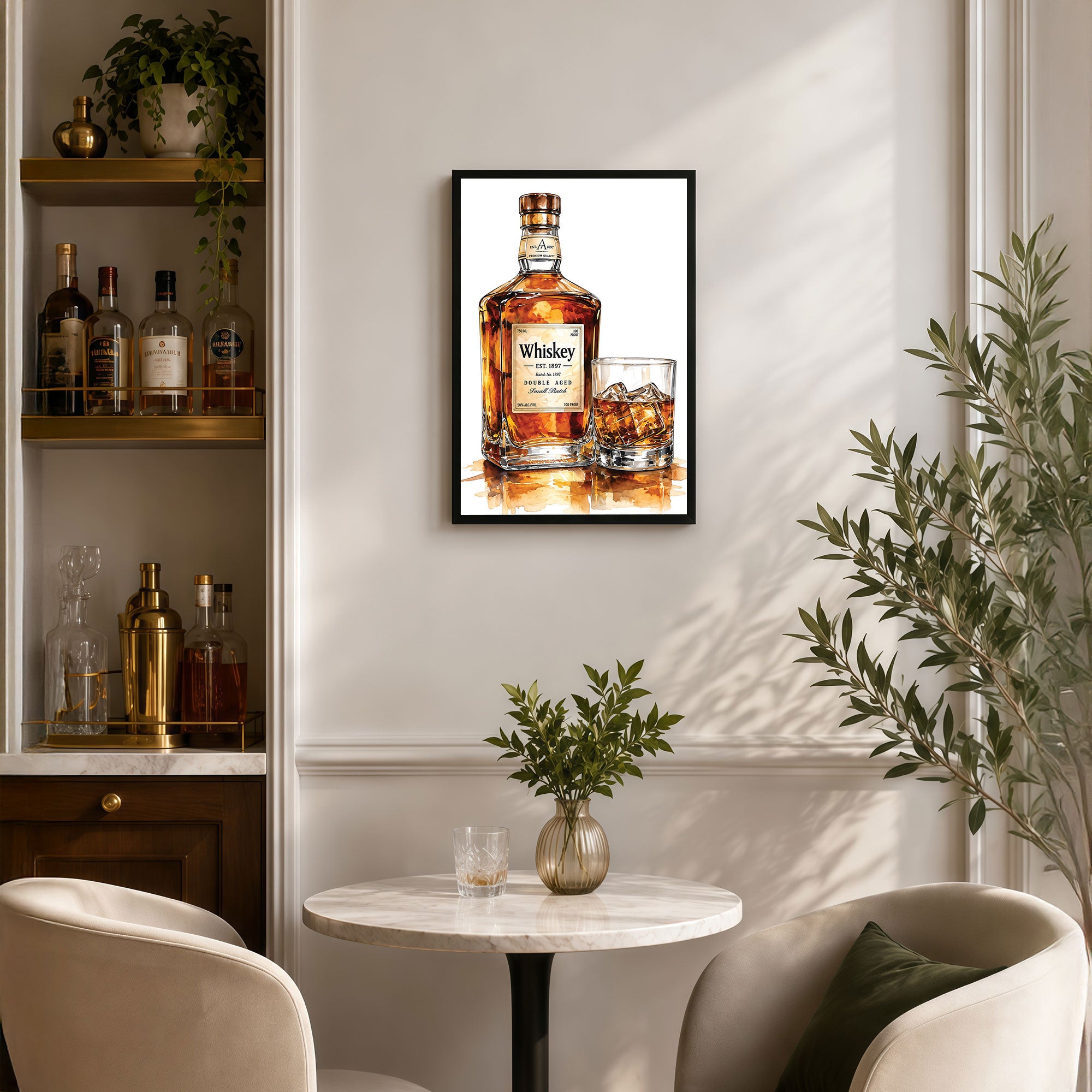The Castle Decor Whiskey Bottle & Glass Wall Painting | Premium Bar Decor Art Print for Lounge, Pub, Man Cave & Home Bar