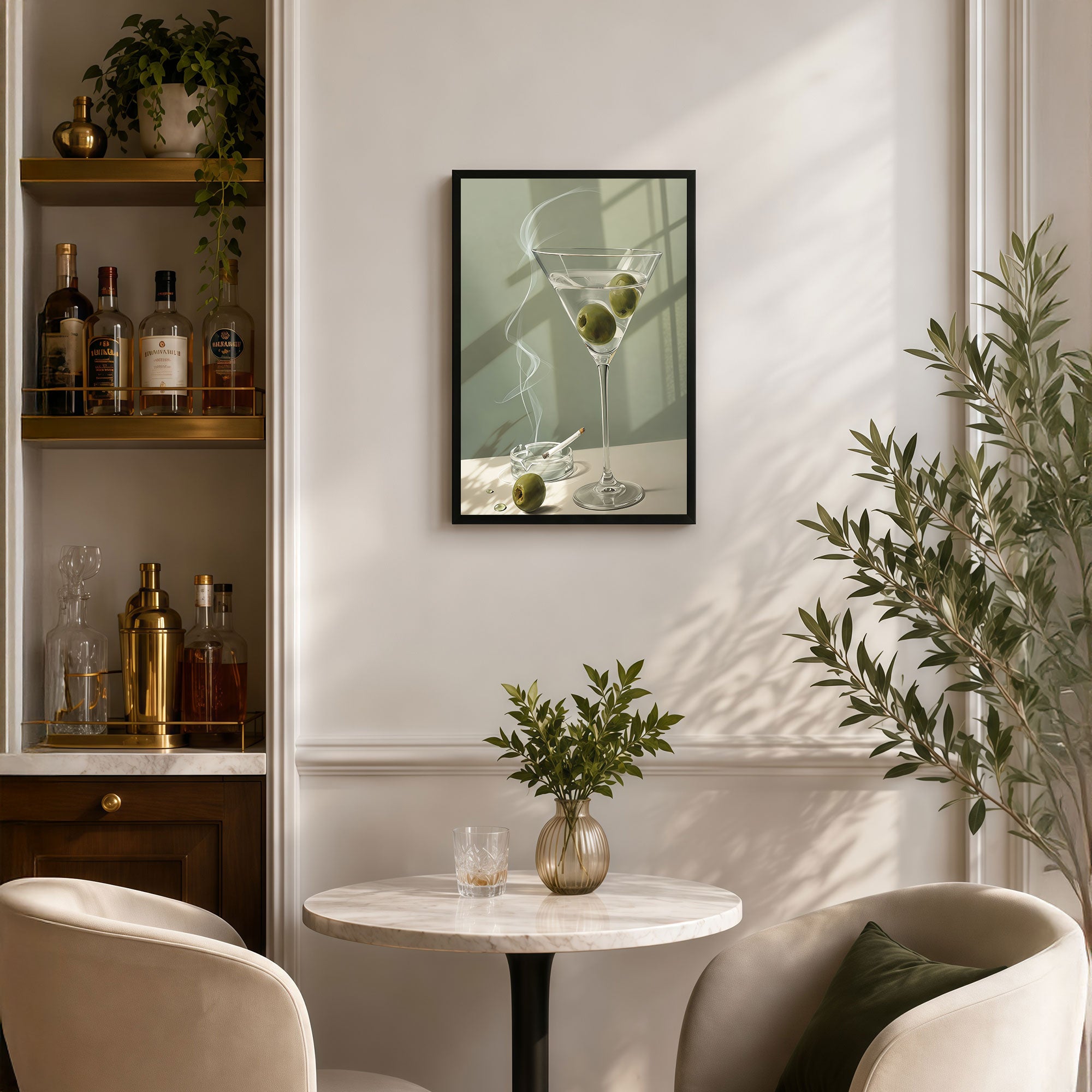 The Castle Decor Elegant Martini Glass with Olive Wall Painting | Modern Cocktail Bar Decor for Lounge, Cafe, Dining Room & Home Bar