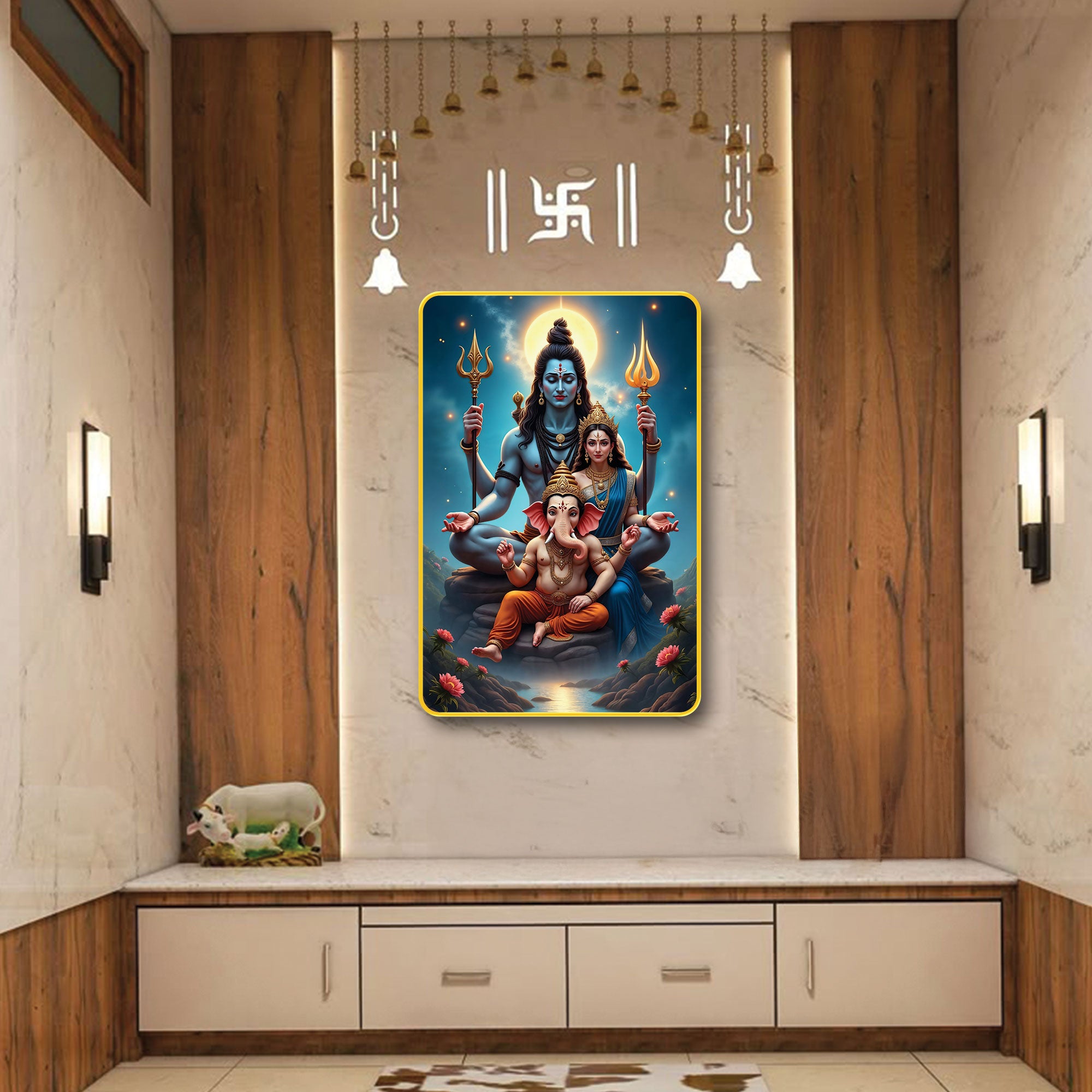 The Castle Decor Lord Shiva Family Wall Décor | Sparkle Laminated Digital Art in Golden Slim MDF Frame | Perfect for Temple, Home & Office 20X30 Inches