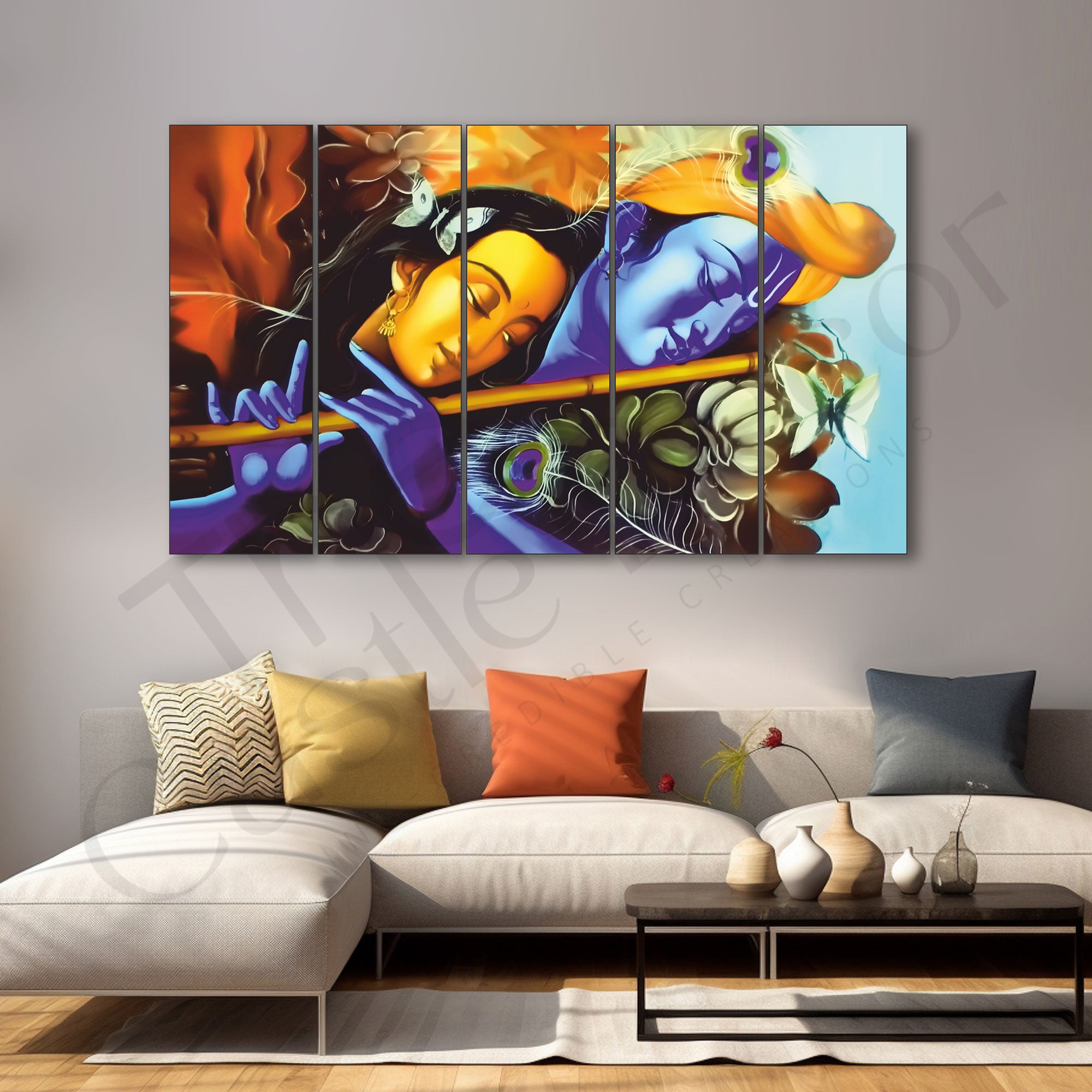 Radha krishan Set of 5 Big Size Multiple Frames Wall Art Painting for living room,Bedroom,Drawing room,Hotels-Wooden Framed-Digital Painting