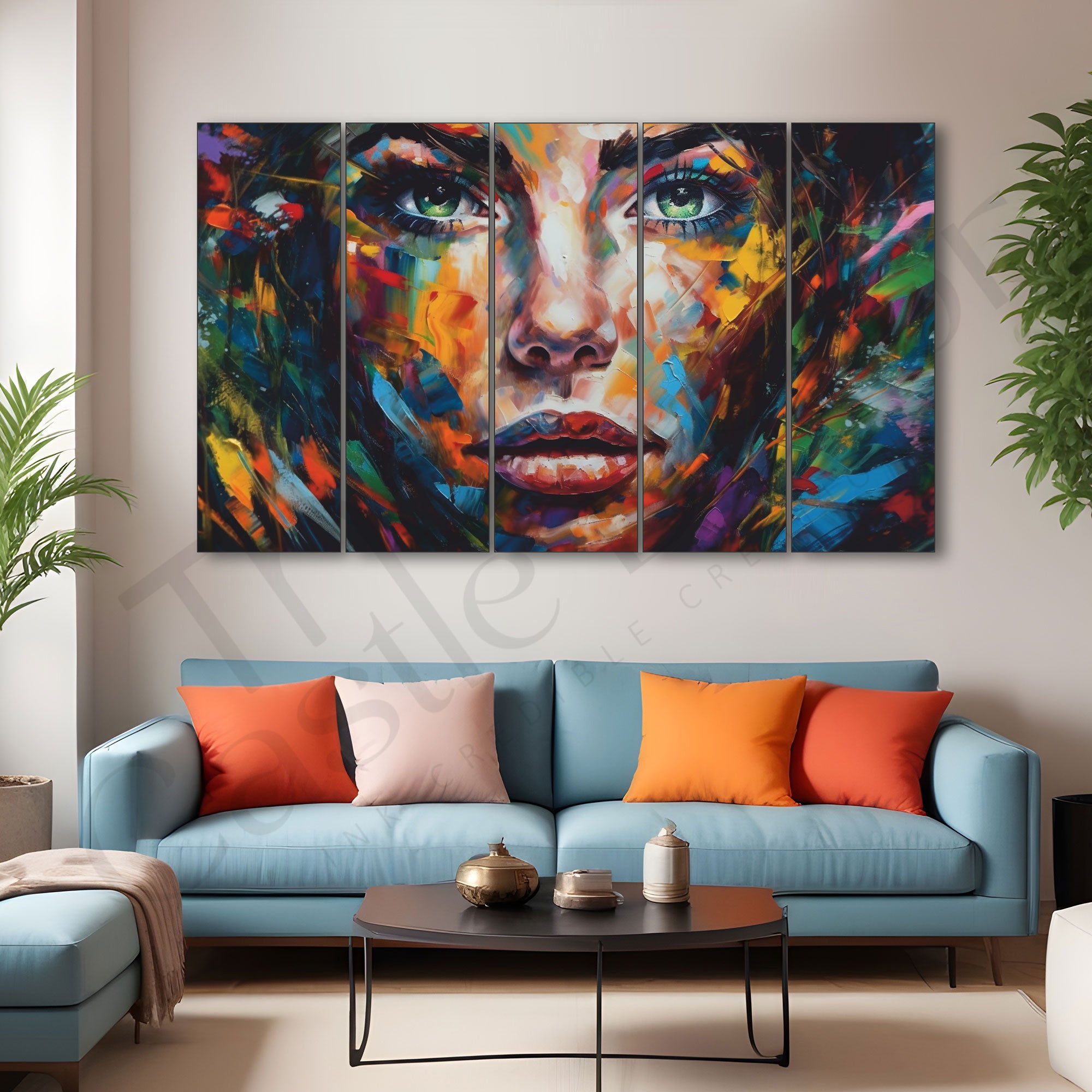 Multicolour woman face Abstract Art painting Set of 5 Big Size Multiple Frames Wall Art Painting for living room,Bedroom,Drawing room,Hotels-Wooden Framed-Digital Painting