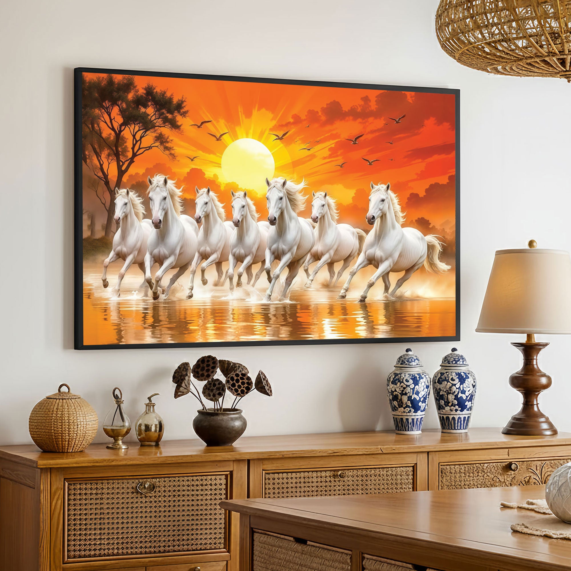 The Castle Decor 7 Running White Horses Wall Painting, Sunrise Sunset Theme, Vastu Wall Art for Living Room, Office, Bedroom Decor 20X30 inch -1001