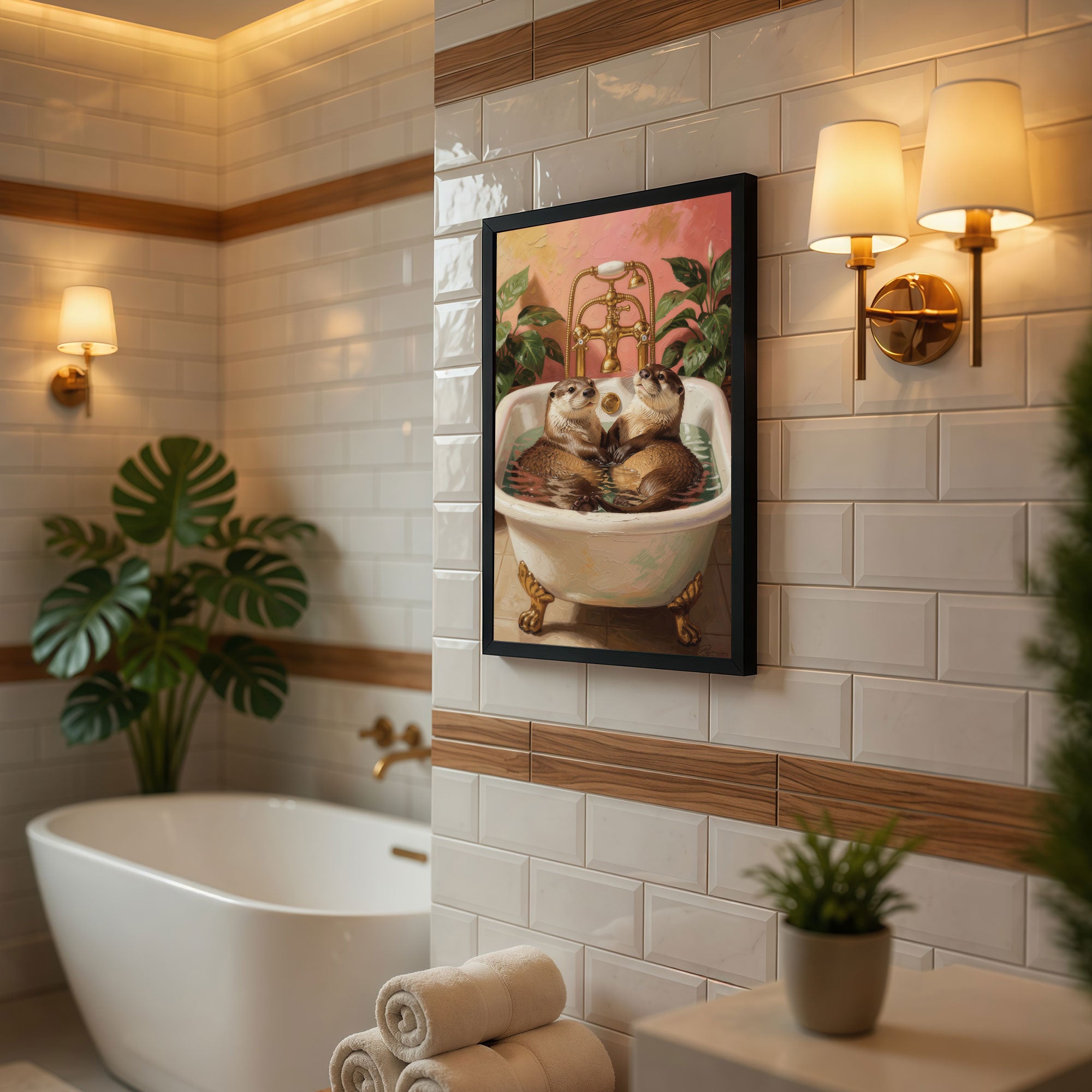 The Castle Decor Cute Otters Bathtub Wall Art | Funny Animal Bathroom Decor | Framed Bathroom Painting | Whimsical Bathroom Artwork for Home