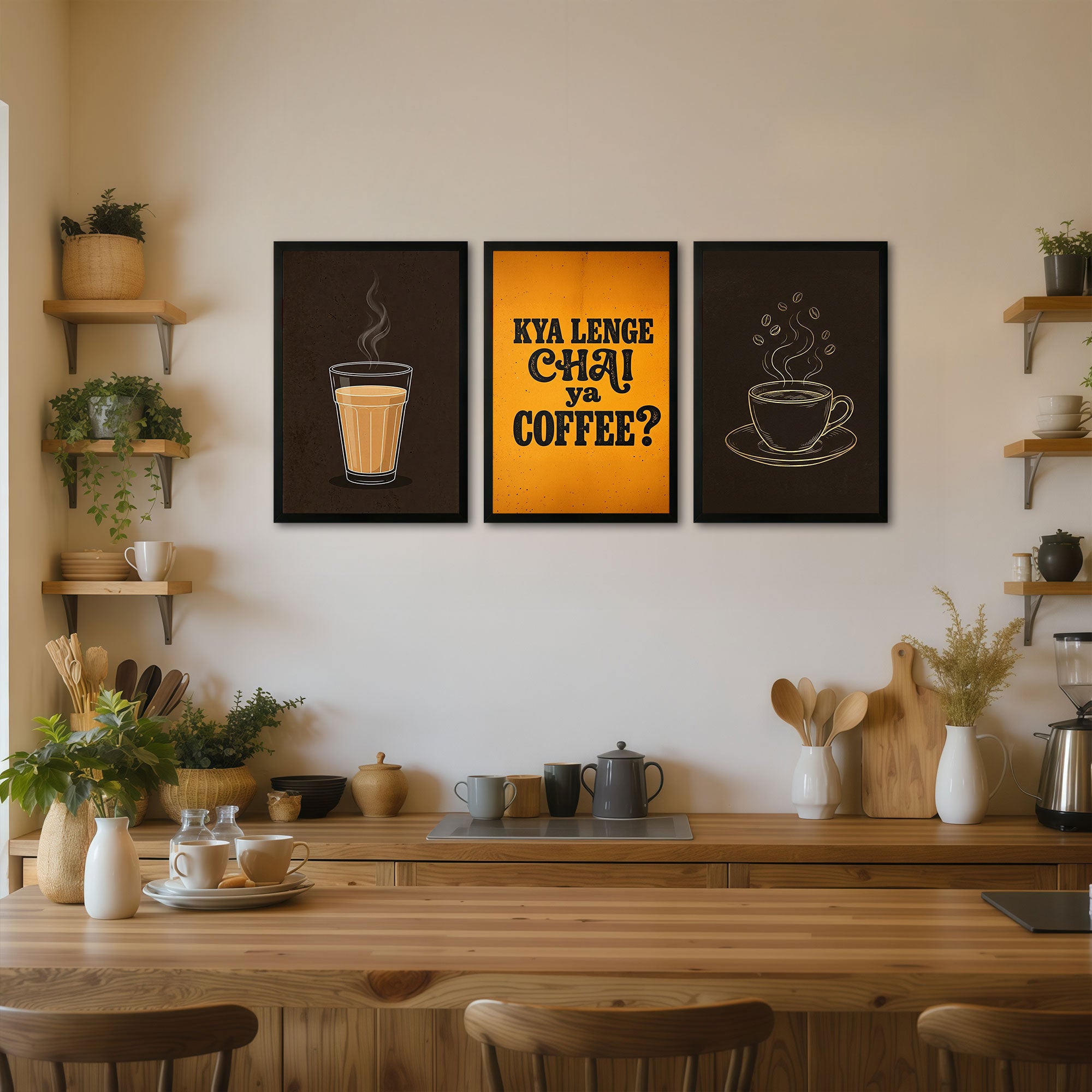 The Castle Decor Chai Coffee Wall Art Set of 3 Frame | “Kya Lenge Chai Ya Coffee” Kitchen Decor | Sparkle Lamination Finish with Premium Fiber Frame