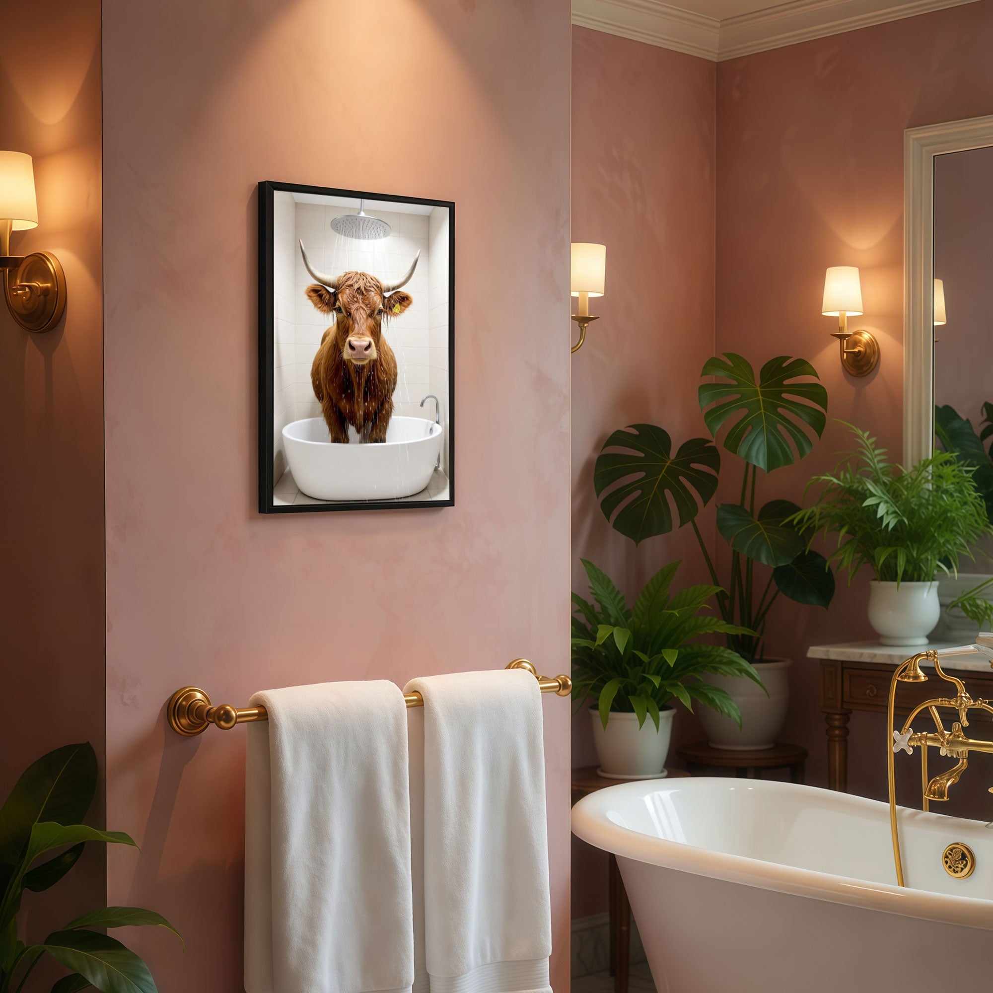 The Castle Decor Funny Highland Cow taking a Shower Framed Wall Art – Cute Fluffy Bull in Bathtub under Shower Head Framed Poster, Rustic Farmhouse Bathroom Decor