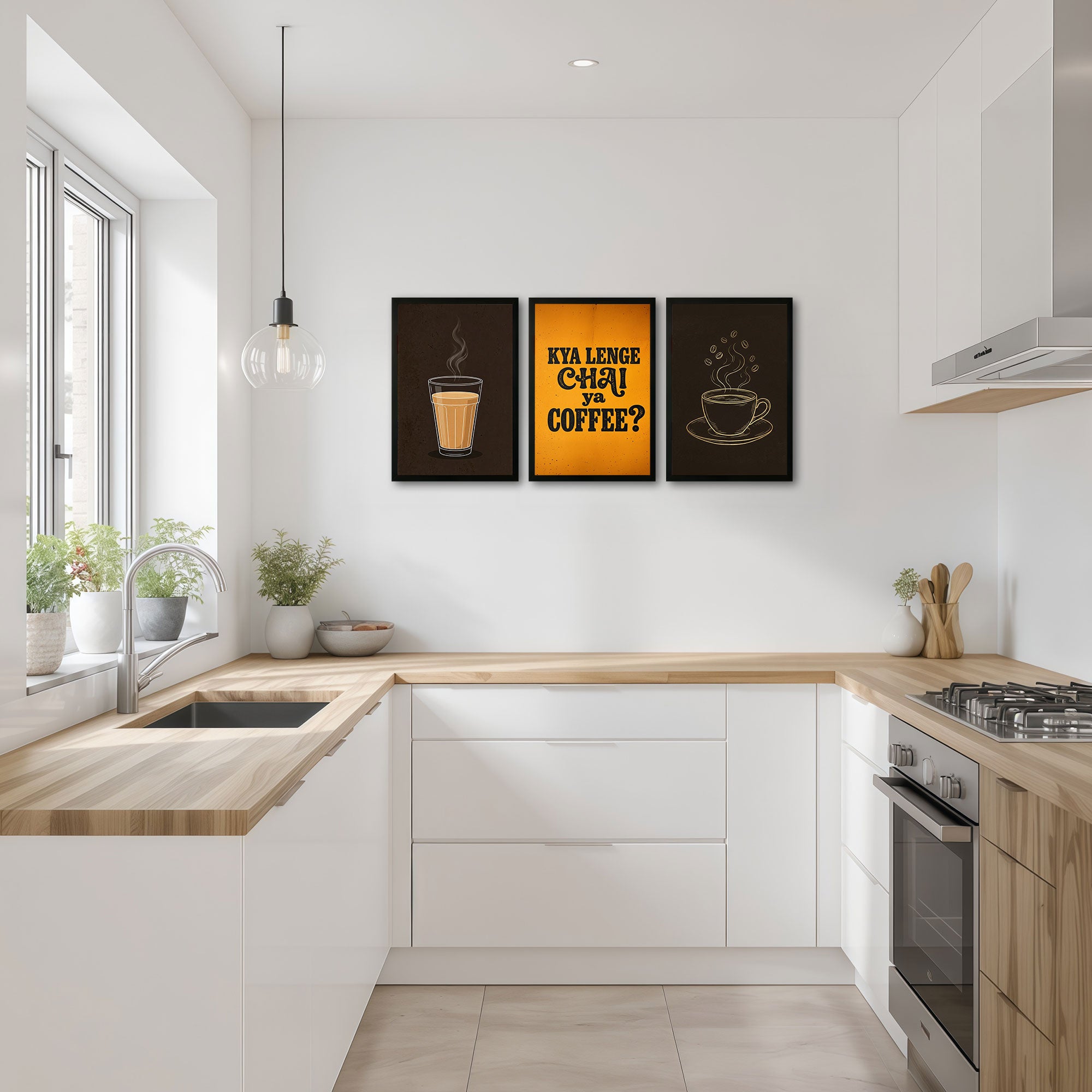The Castle Decor Chai Coffee Wall Art Set of 3 Frame | “Kya Lenge Chai Ya Coffee” Kitchen Decor | Sparkle Lamination Finish with Premium Fiber Frame