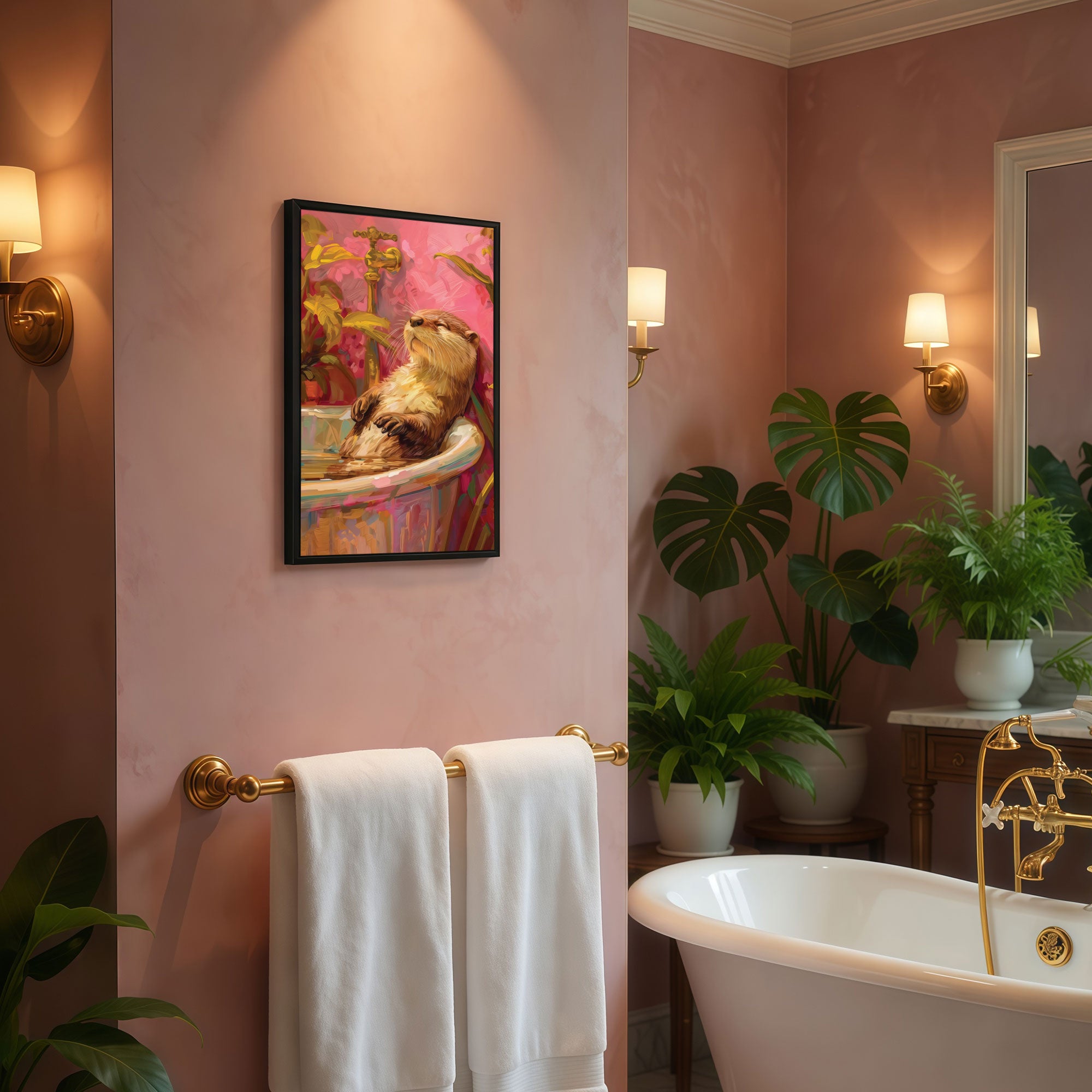 The Castle Decor Relaxing Otter Bathtub Wall Art | Luxury Animal Bathroom Decor | Funny Framed Bathroom Painting | Modern Washroom Artwork