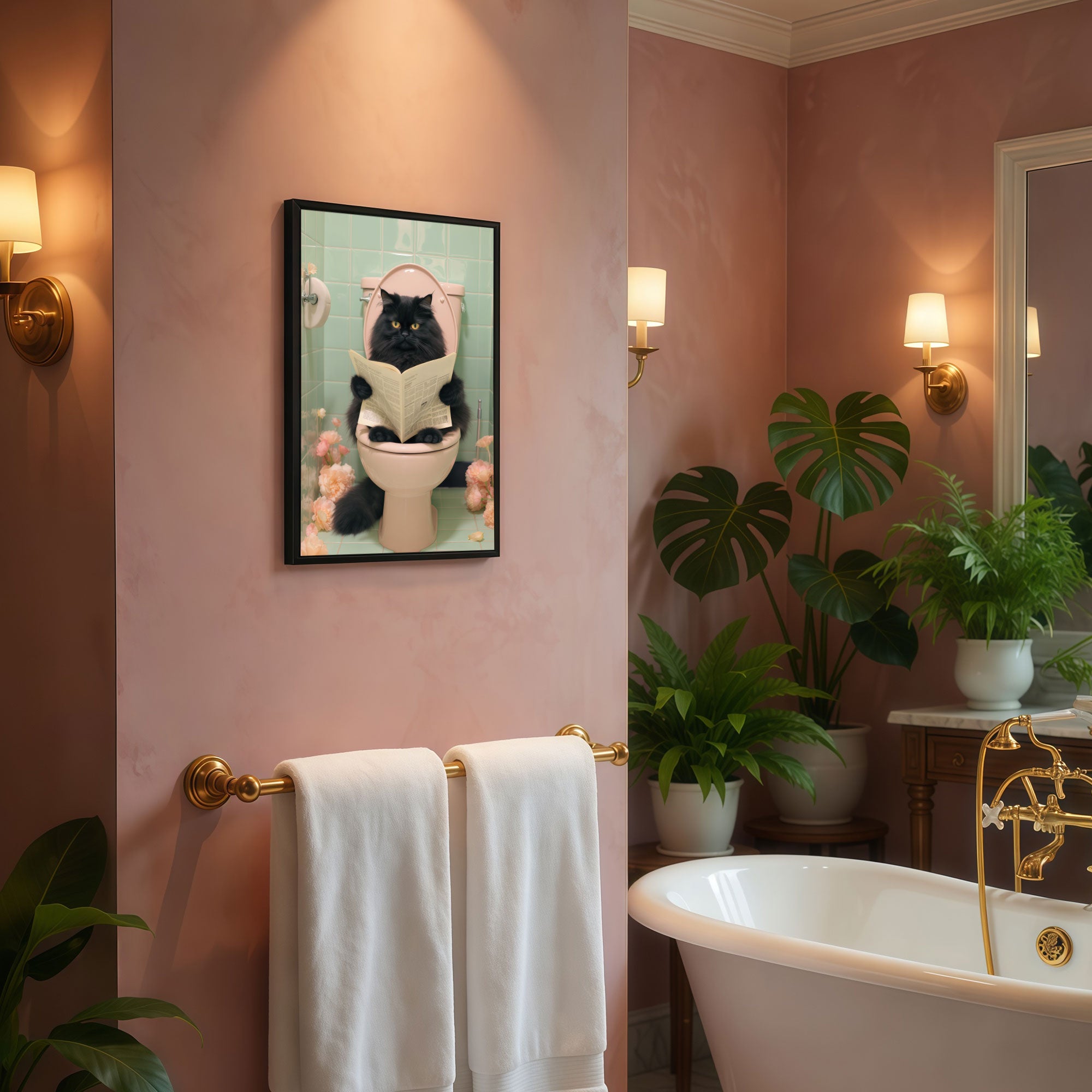 The Castle Decor Funny Black Cat Reading Newspaper on Toilet Framed Wall Art – Fluffy Persian Cat Bathroom Decor, Whimsical Animal Restroom Framed Poster, Humorous Gift for Cat Lovers