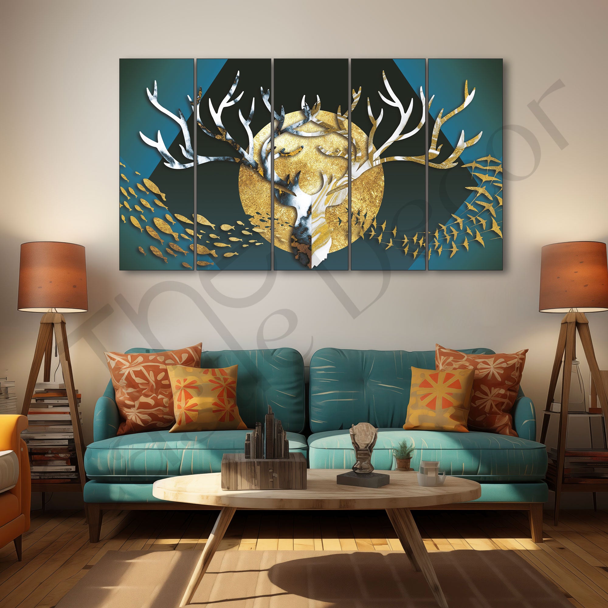 Golden Deer & Fishes Painting with frame Big Size Wall Art for living room,Bedroom,Drawing room,Hotels