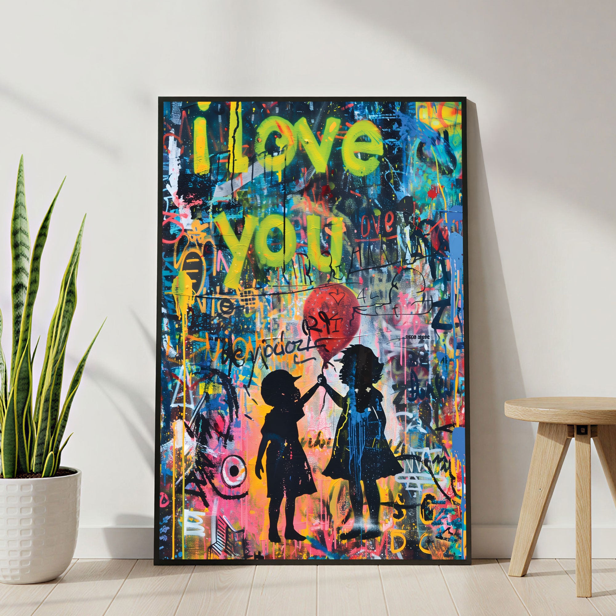 The Castle Decor Love You Street Art Wall Art – Romantic Graffiti Silhouette with Heart Balloon, Premium Sparkle Finish, 20×30 Inch Wall Décor for Bedroom & Living Space