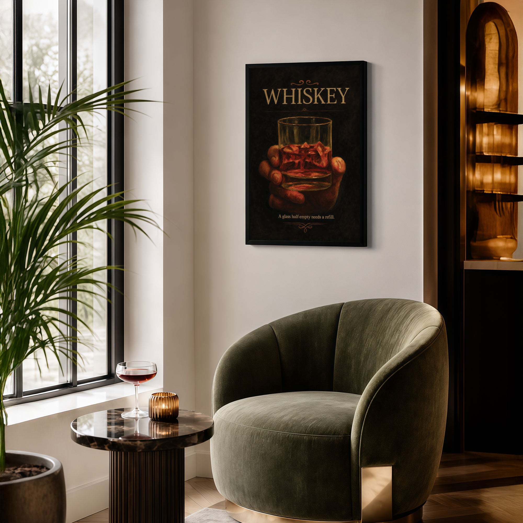 The Castle Decor Whiskey Wall Art Poster – A Glass Half Empty Needs A Refill | Vintage Bar Decor for Pub, Lounge & Home Bar