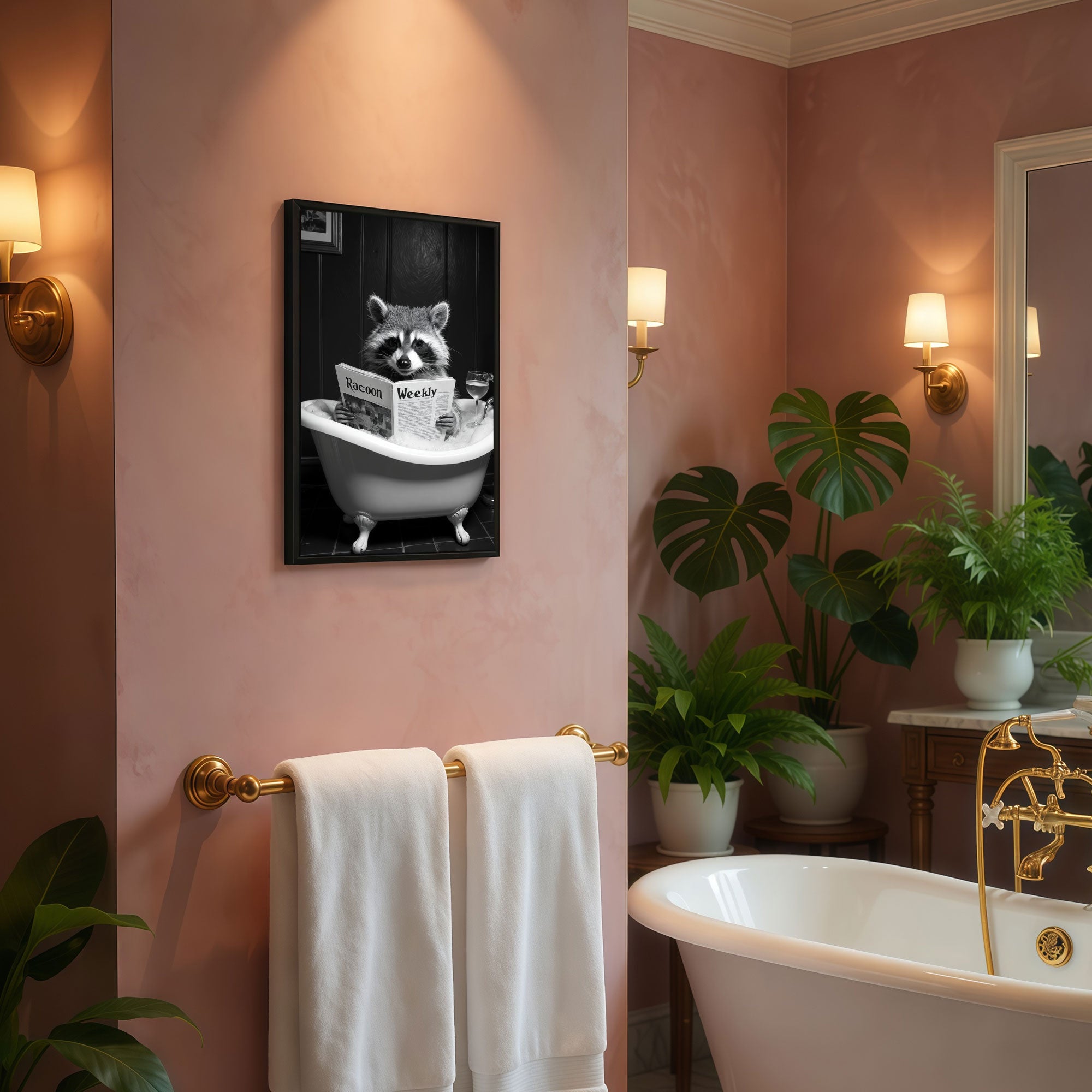 The Castle Decor Funny Raccoon in Bathtub Reading Newspaper Framed Wall Art – Black and White Whimsical Animal in Bubble Bath Framed Poster, Humorous Restroom Decor