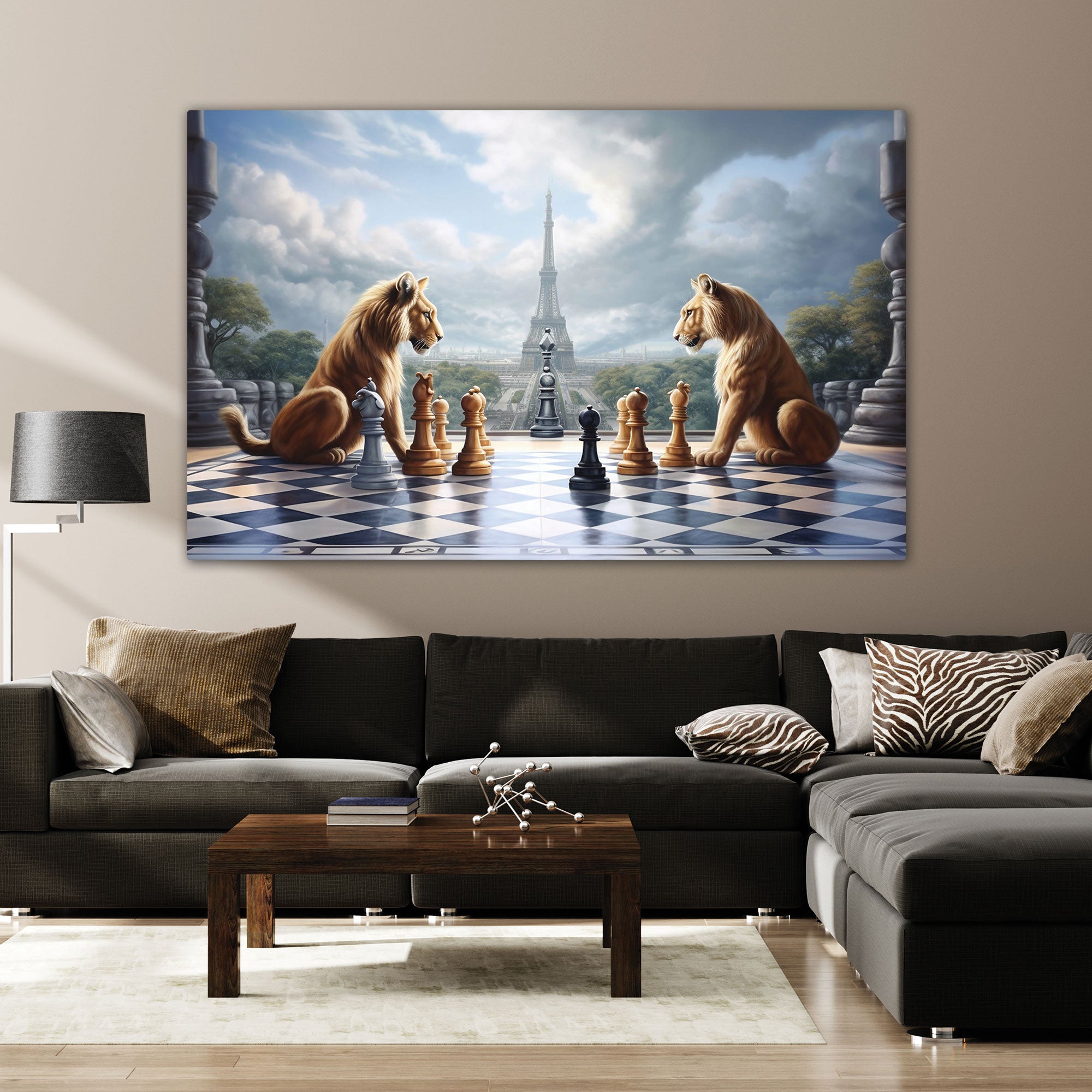 Lions play game chess Canvas painting with frame Big Size Wall Art for living room,Bedroom,Drawing room,Hotels