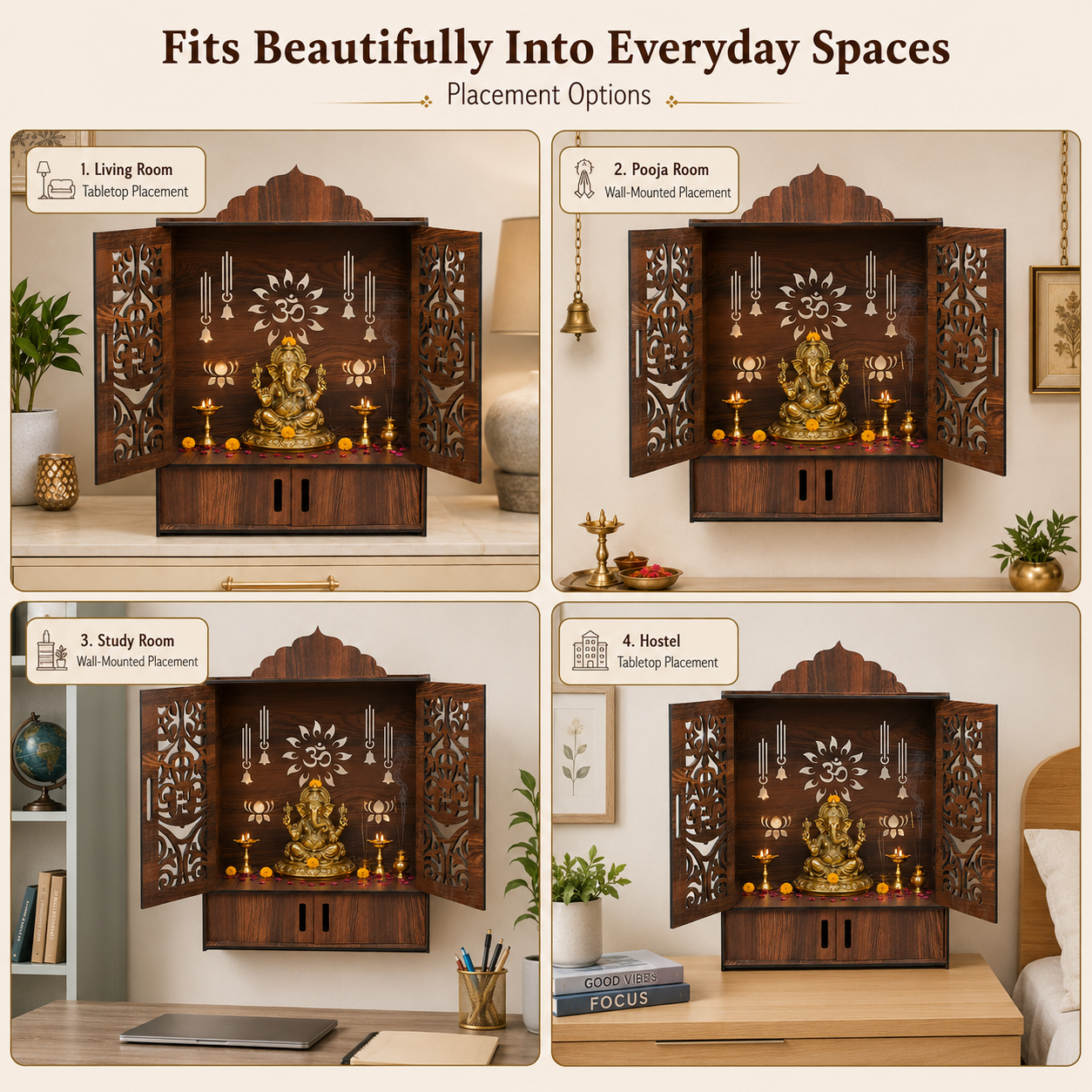 The Castle Decor Wooden Mandir for Home, Wall Hanging & Tabletop Pooja Temple with Double Doors, Om & Lotus Cutwork, Storage Cabinet, Dark Walnut MDF for Pooja Room, 16.5 x 24.5 x 10.5 Inch