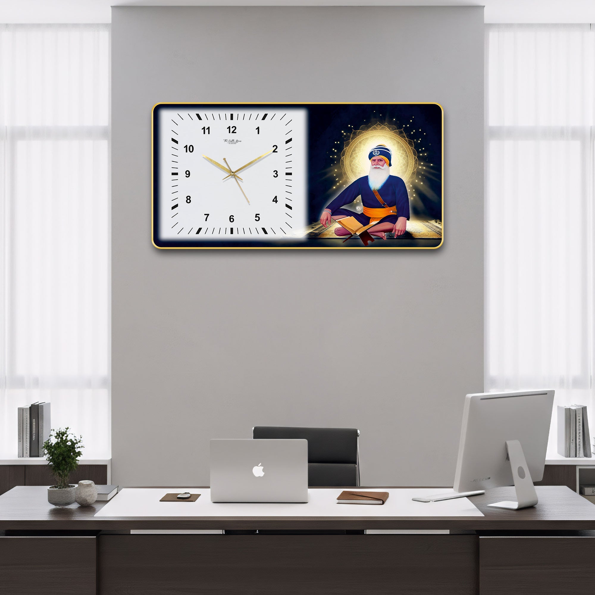 The Castle Decor Baba Deep Singh Ji Wall Clock 24x12 Inch, Silent Sweep Non-Ticking Decorative Clock with Golden Slim Frame