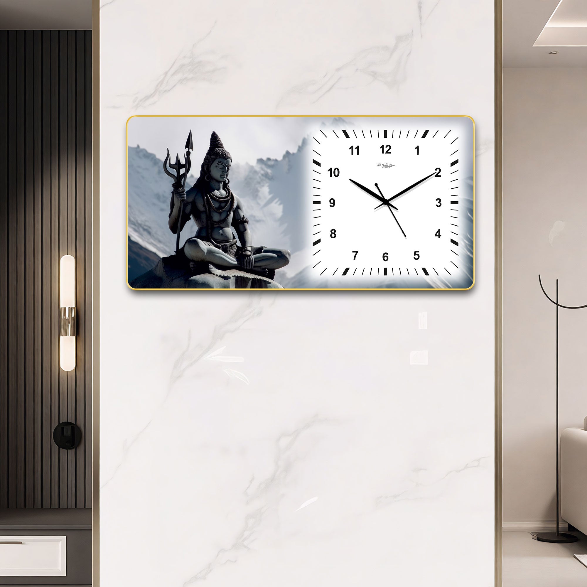 The Castle Decor Lord Shiva Meditation Decorative Wall Clock 24x12 Inch, Silent Sweep Non-Ticking Modern Wall Clock with Golden Slim Frame