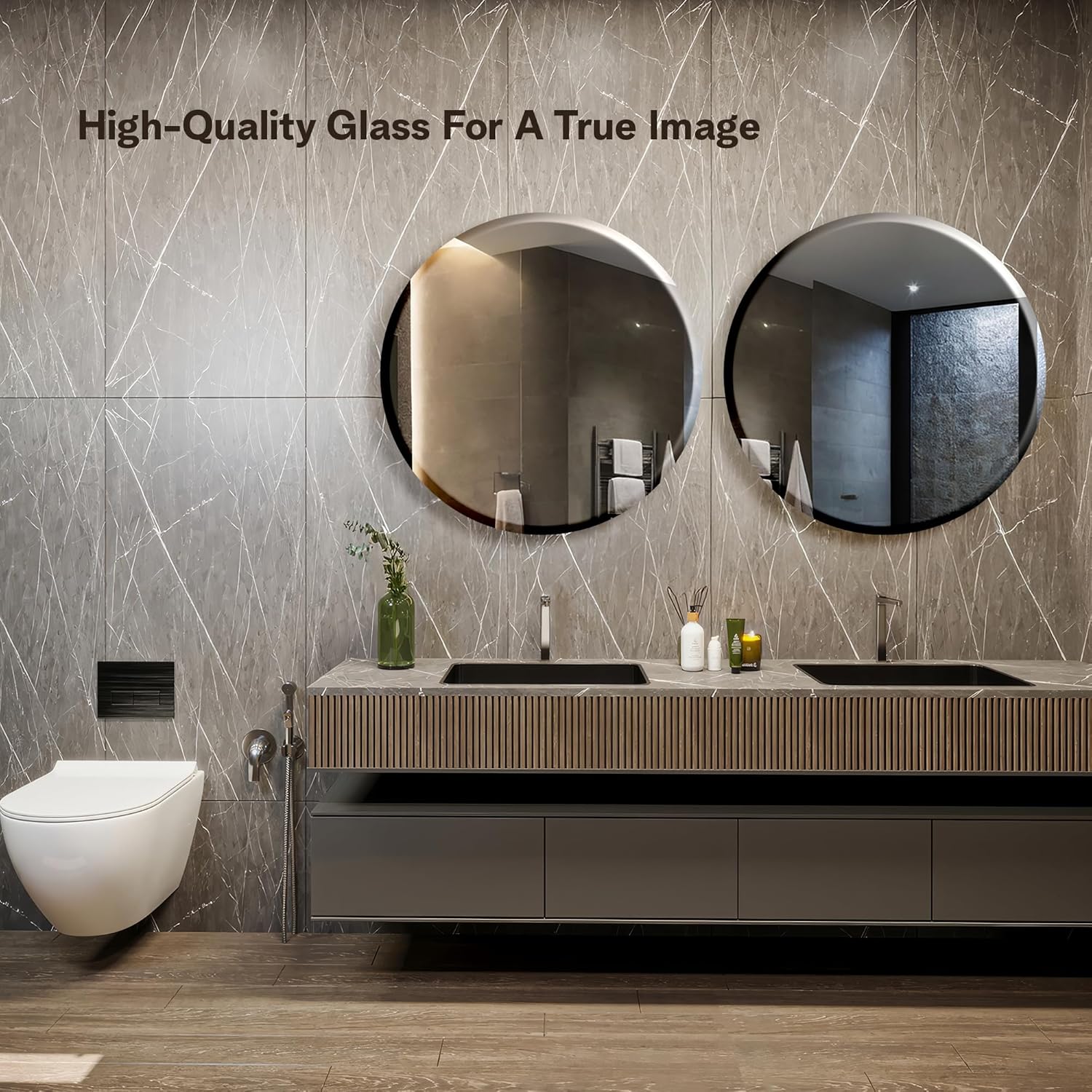 The Castle Decor Round Glass Mirror for Bathroom Wall, Frameless 5mm Silver Glass Mirror with Beveled Edges, 24x24 Inch