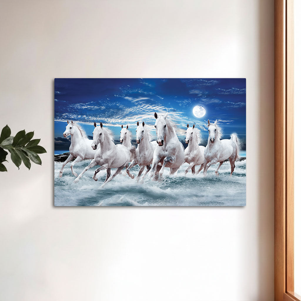 The Castle Decor 7 Running White Horses Wall Painting, Sunrise Sunset Theme, Vastu Wall Art for Living Room, Office, Bedroom Decor 16x24 1006