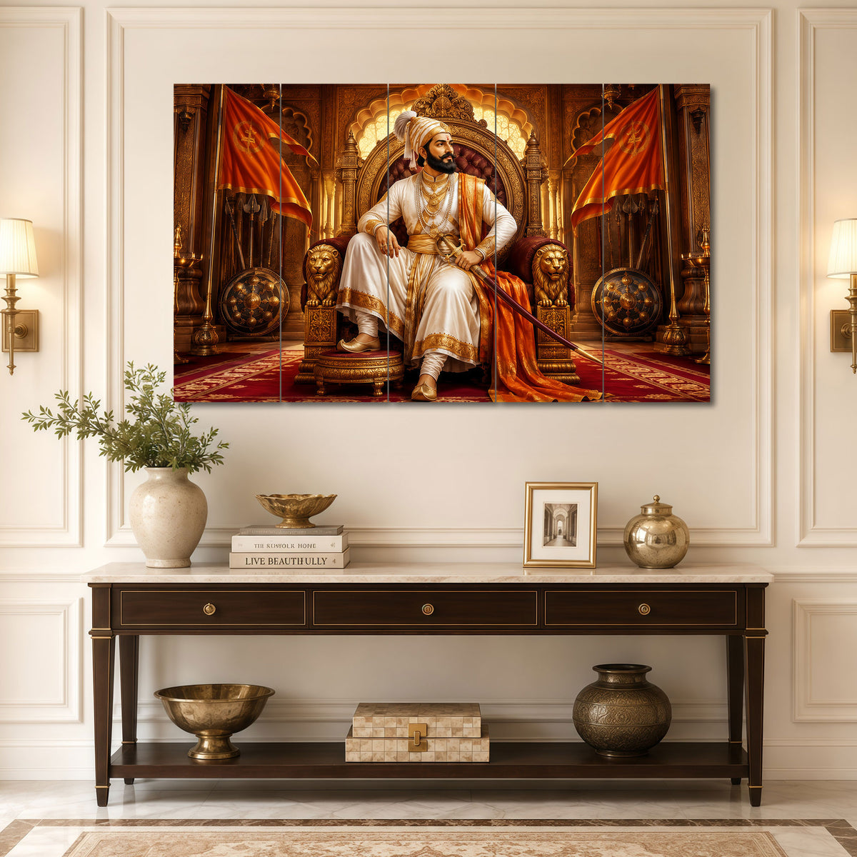 The Castle Decor Chhatrapati Shivaji Maharaj 5 Panel Sparkle Finish Wall Painting for Living Room Bedroom Office Home Decoration